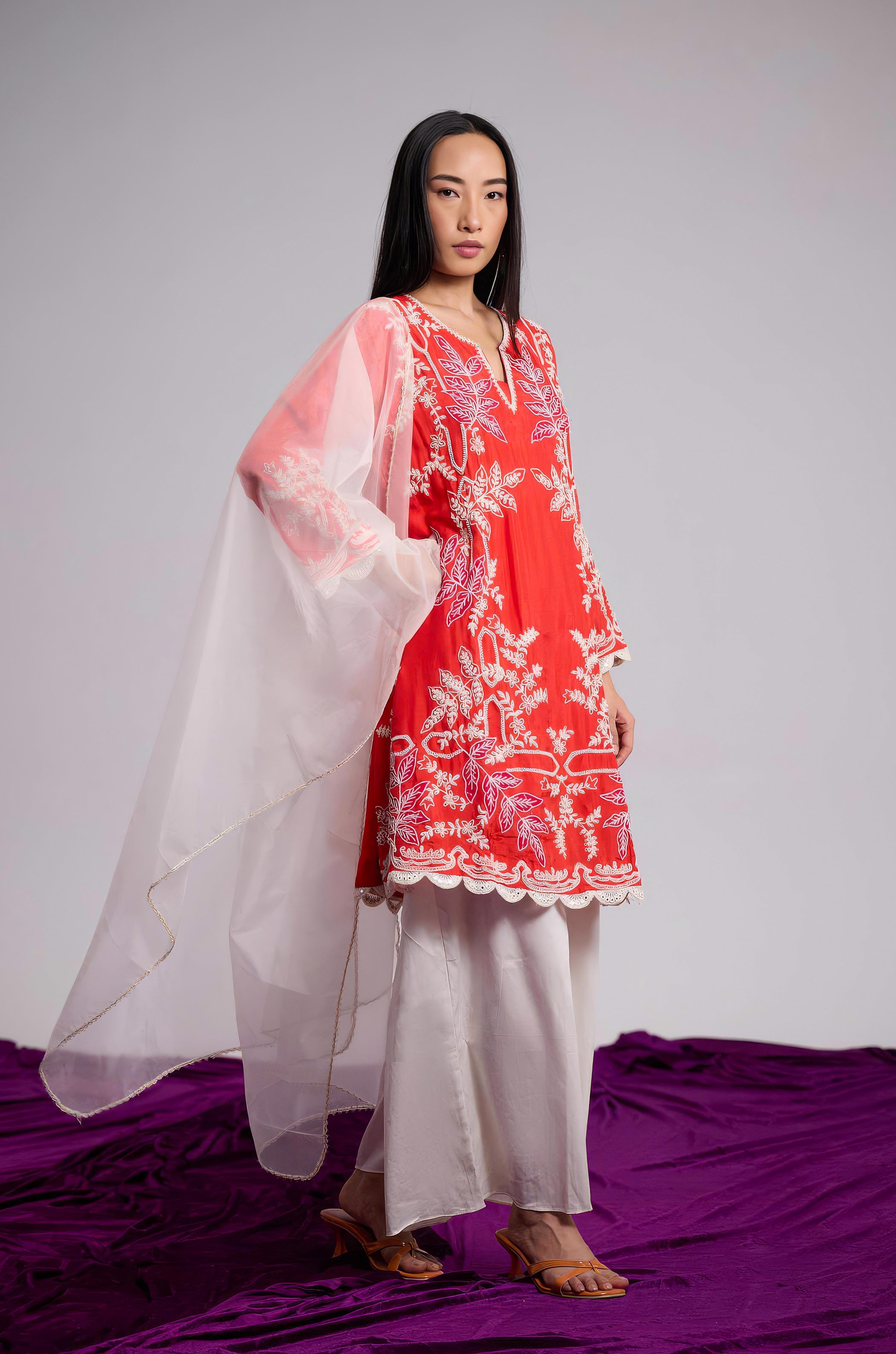 Scarlet Orange Embellished Raw Silk Palazzo Set