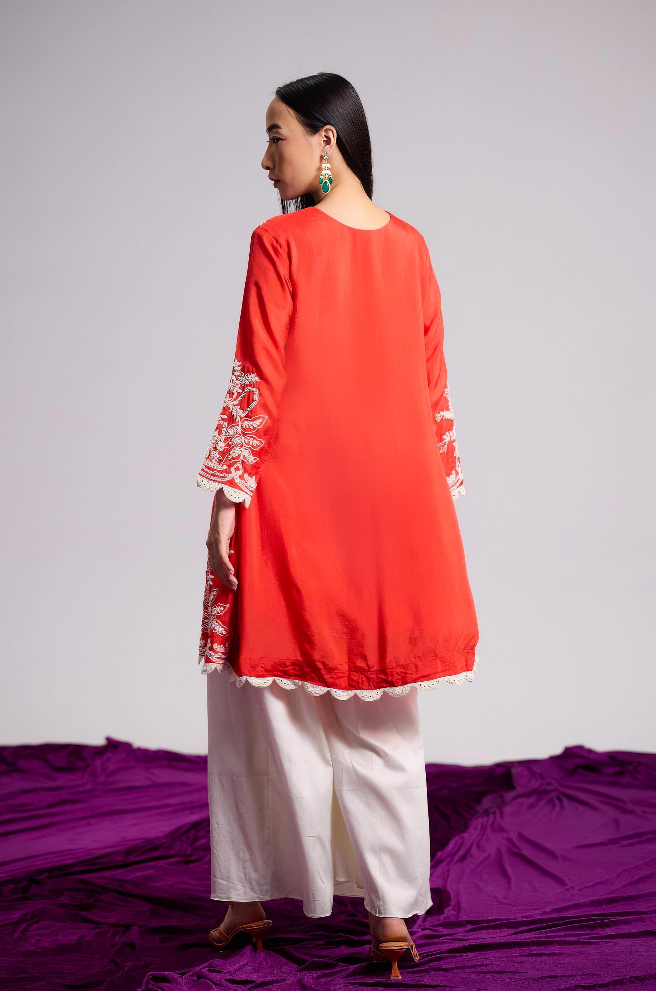 Scarlet Orange Embellished Raw Silk Palazzo Set