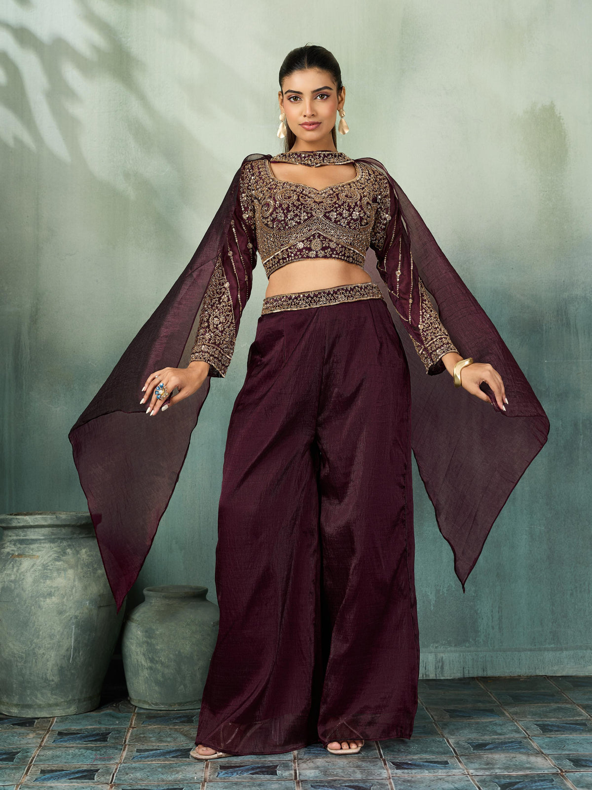 Deep Plum Embellished Shimmer Silk Palazzo Set