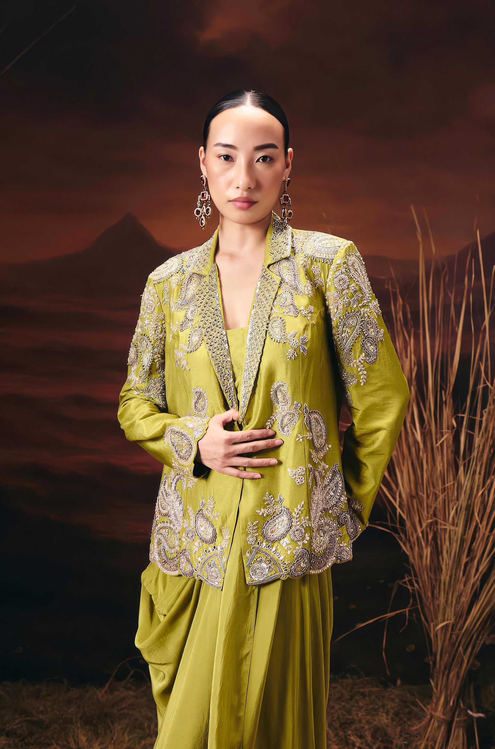 Moss Green Embellished Raw Silk Skirt Set