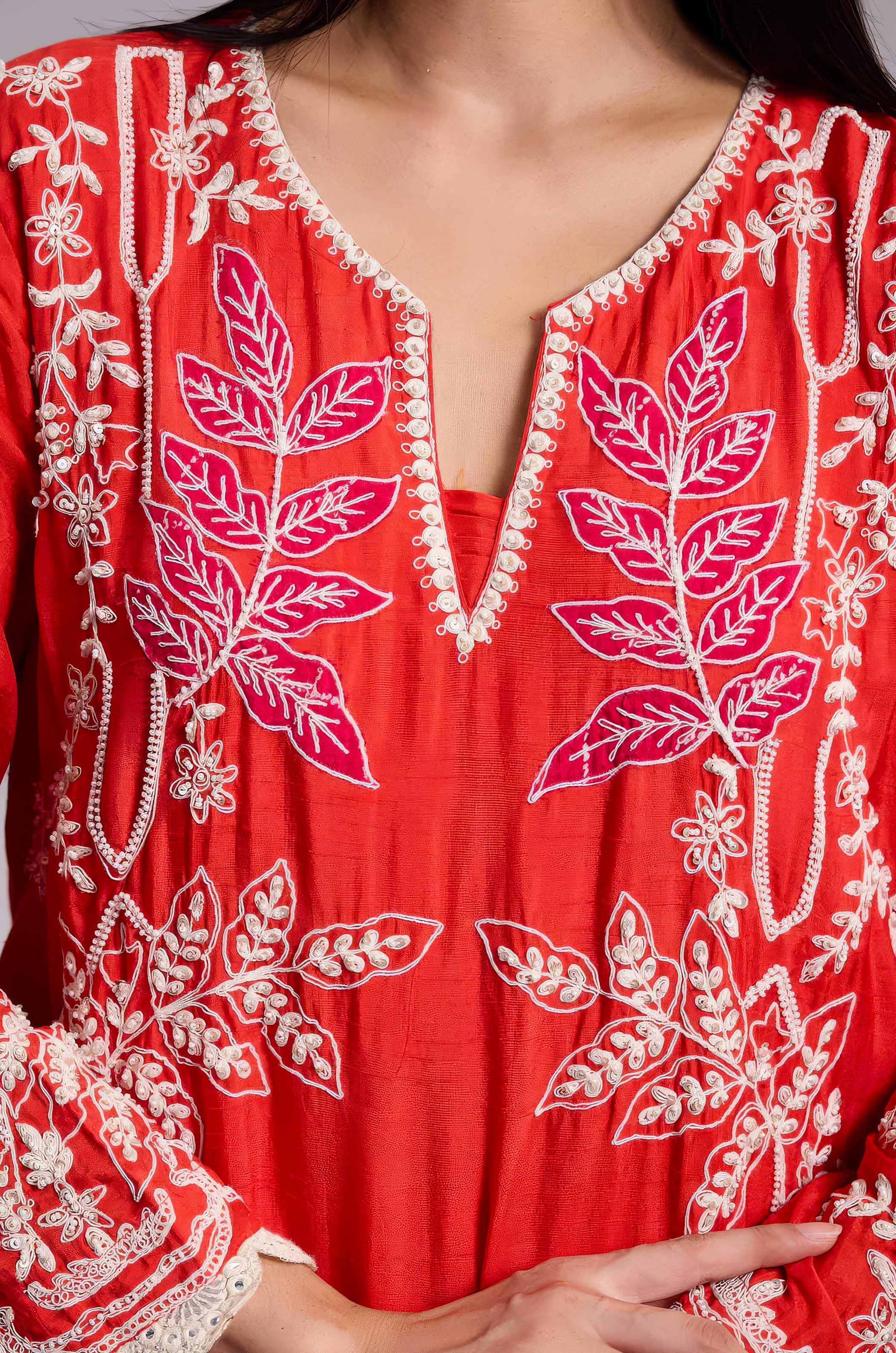 Scarlet Orange Embellished Raw Silk Palazzo Set