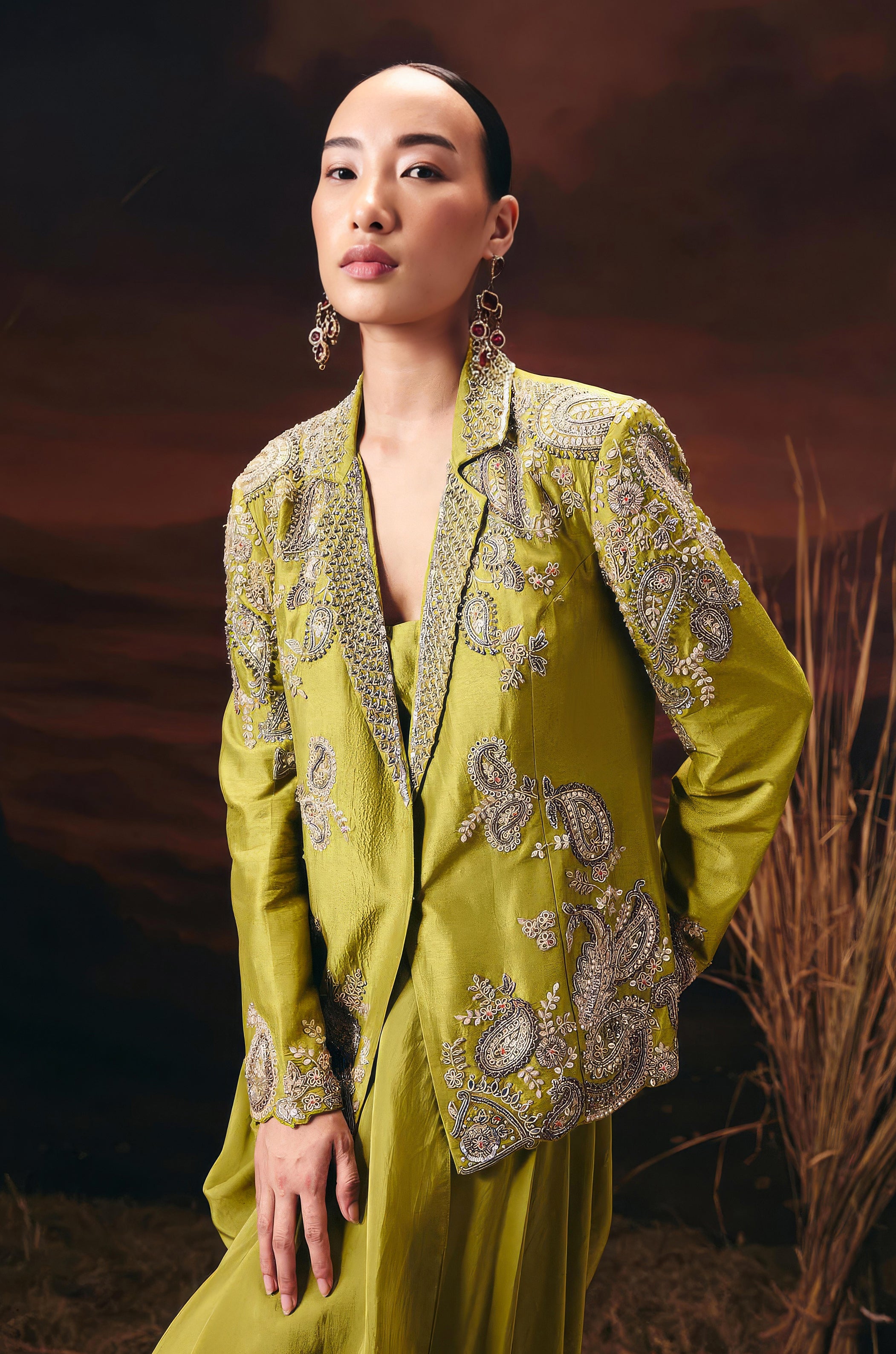 Moss Green Embellished Raw Silk Skirt Set