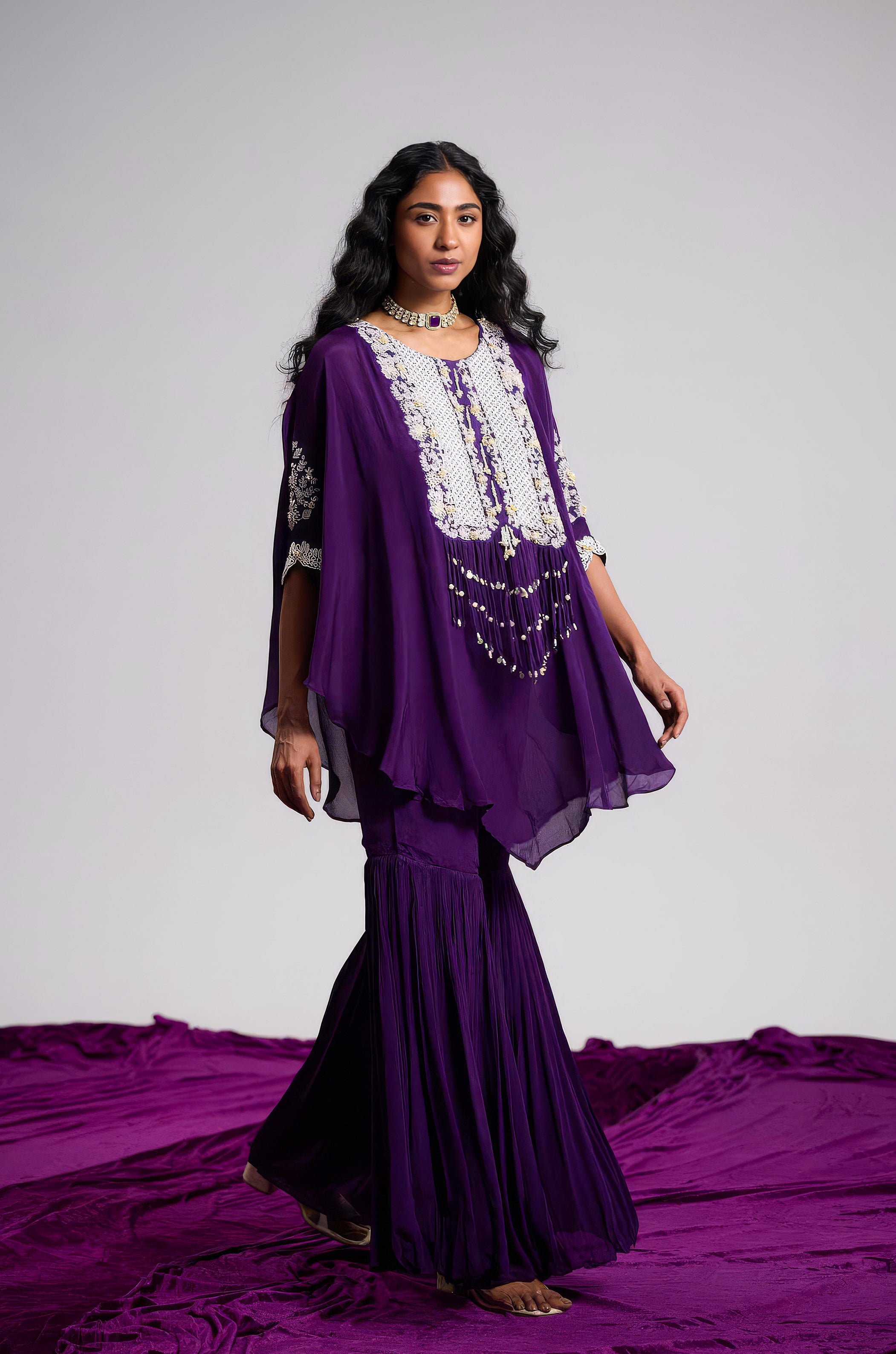 Majestic Violet Embellished Chinon Silk Kaftan Set