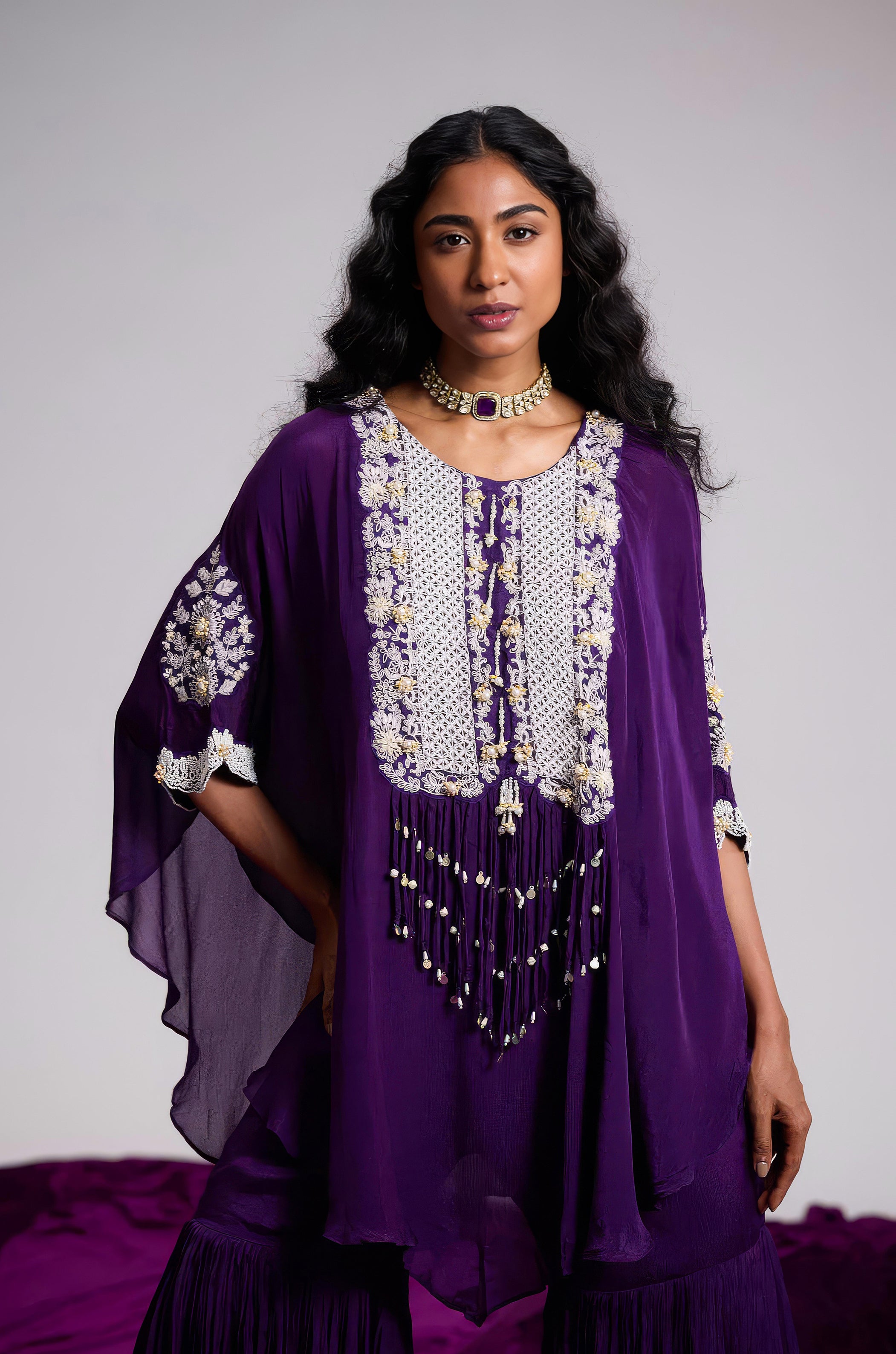 Majestic Violet Embellished Chinon Silk Kaftan Set