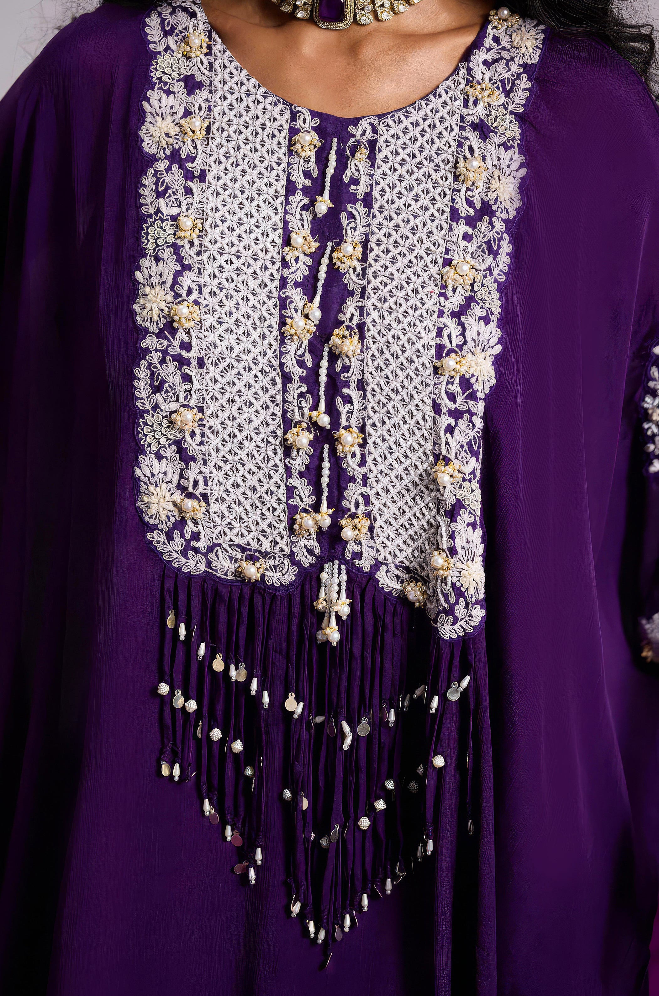 Majestic Violet Embellished Chinon Silk Kaftan Set