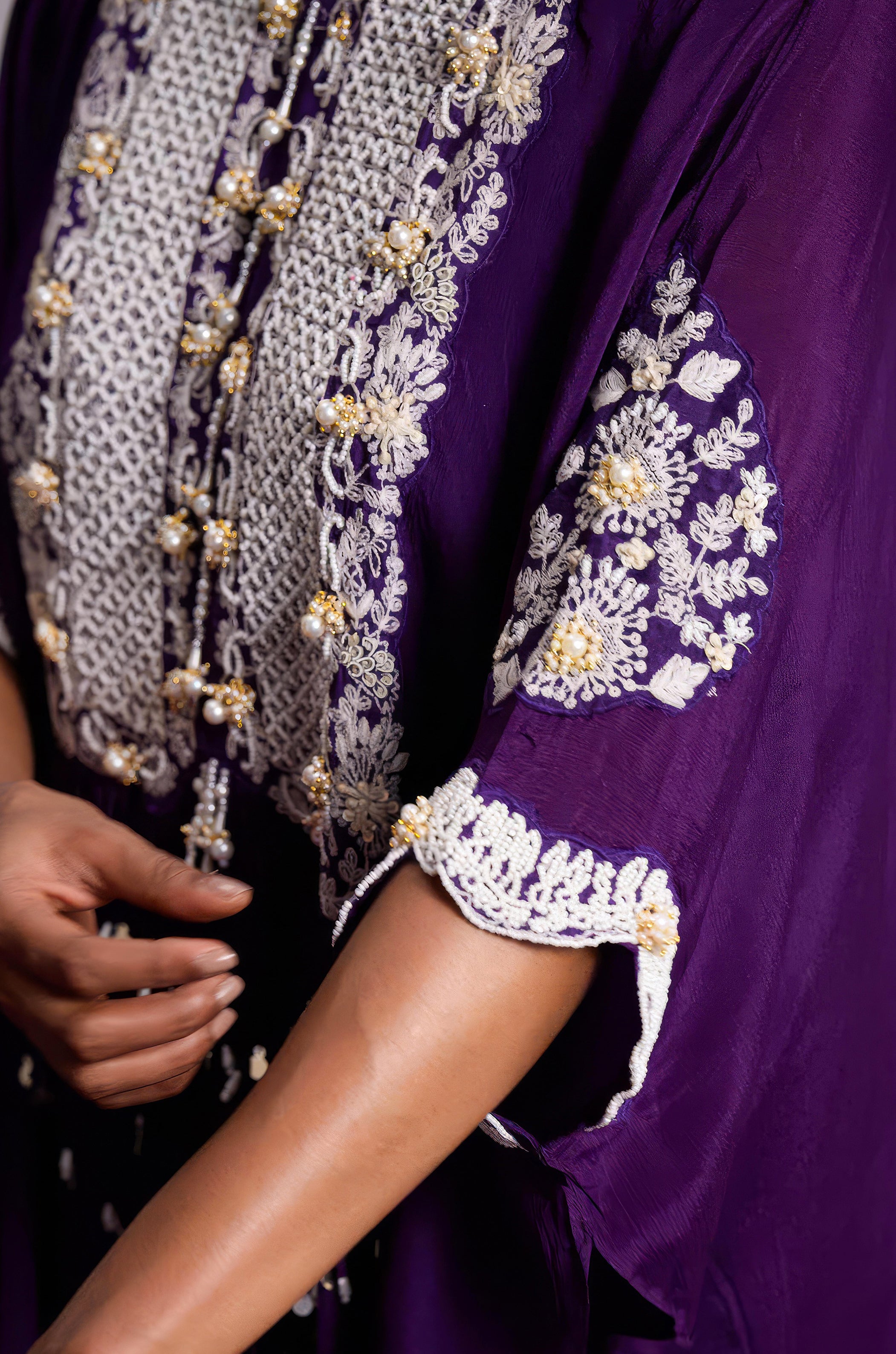 Majestic Violet Embellished Chinon Silk Kaftan Set