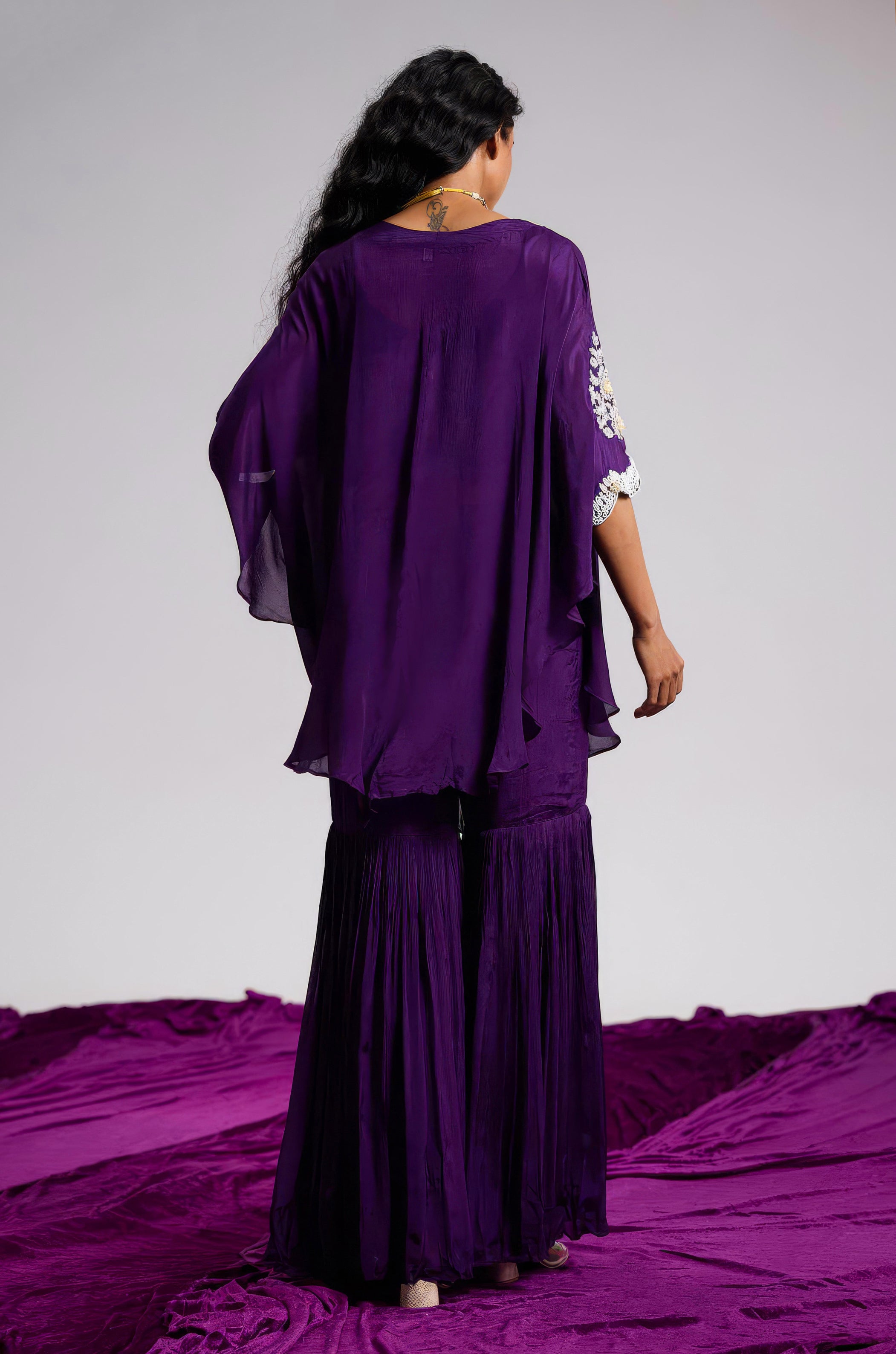 Majestic Violet Embellished Chinon Silk Kaftan Set