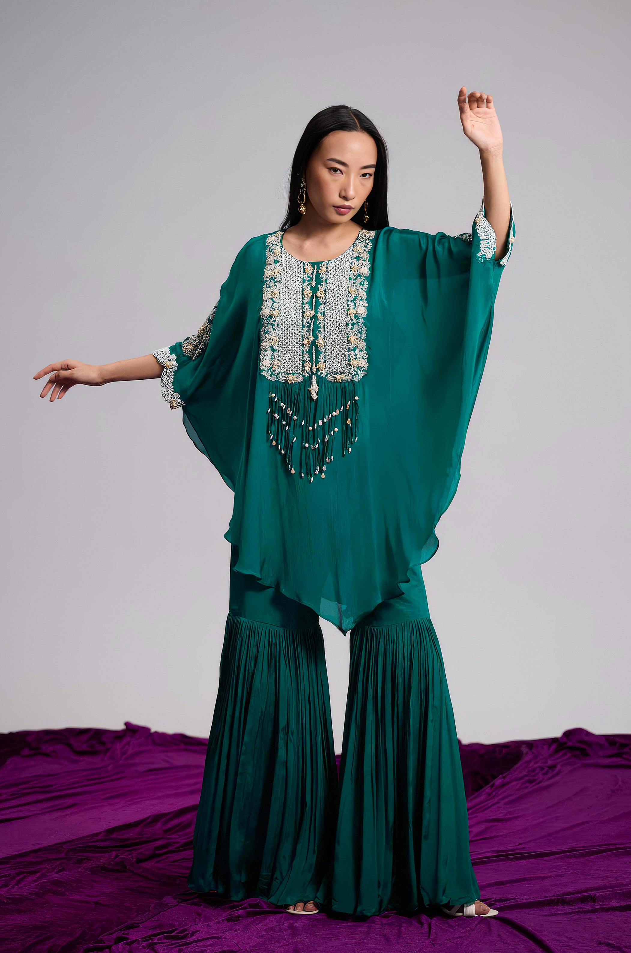 Emerald Green Embellished Chinon Silk Kaftan Set