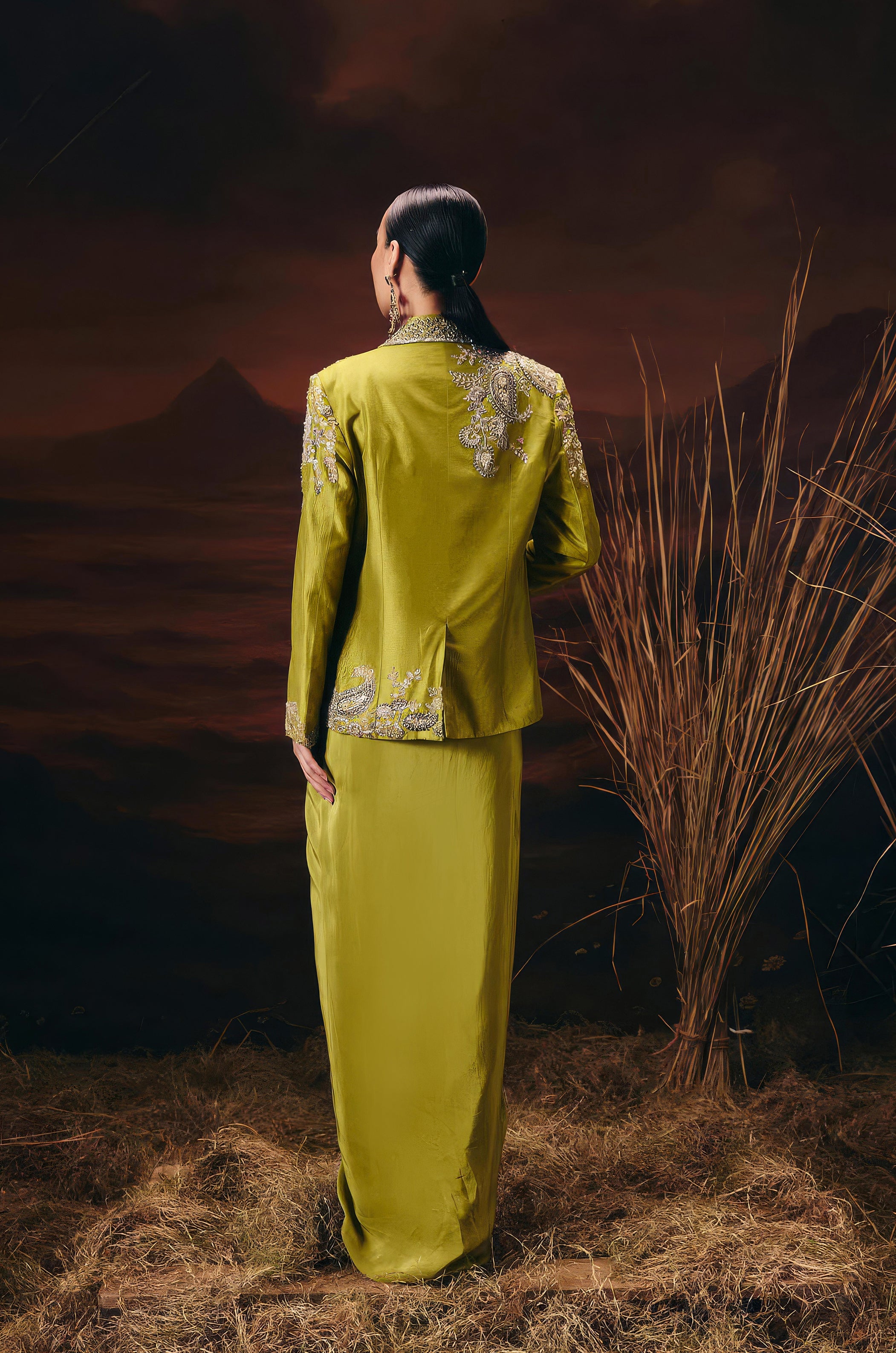 Moss Green Embellished Raw Silk Skirt Set