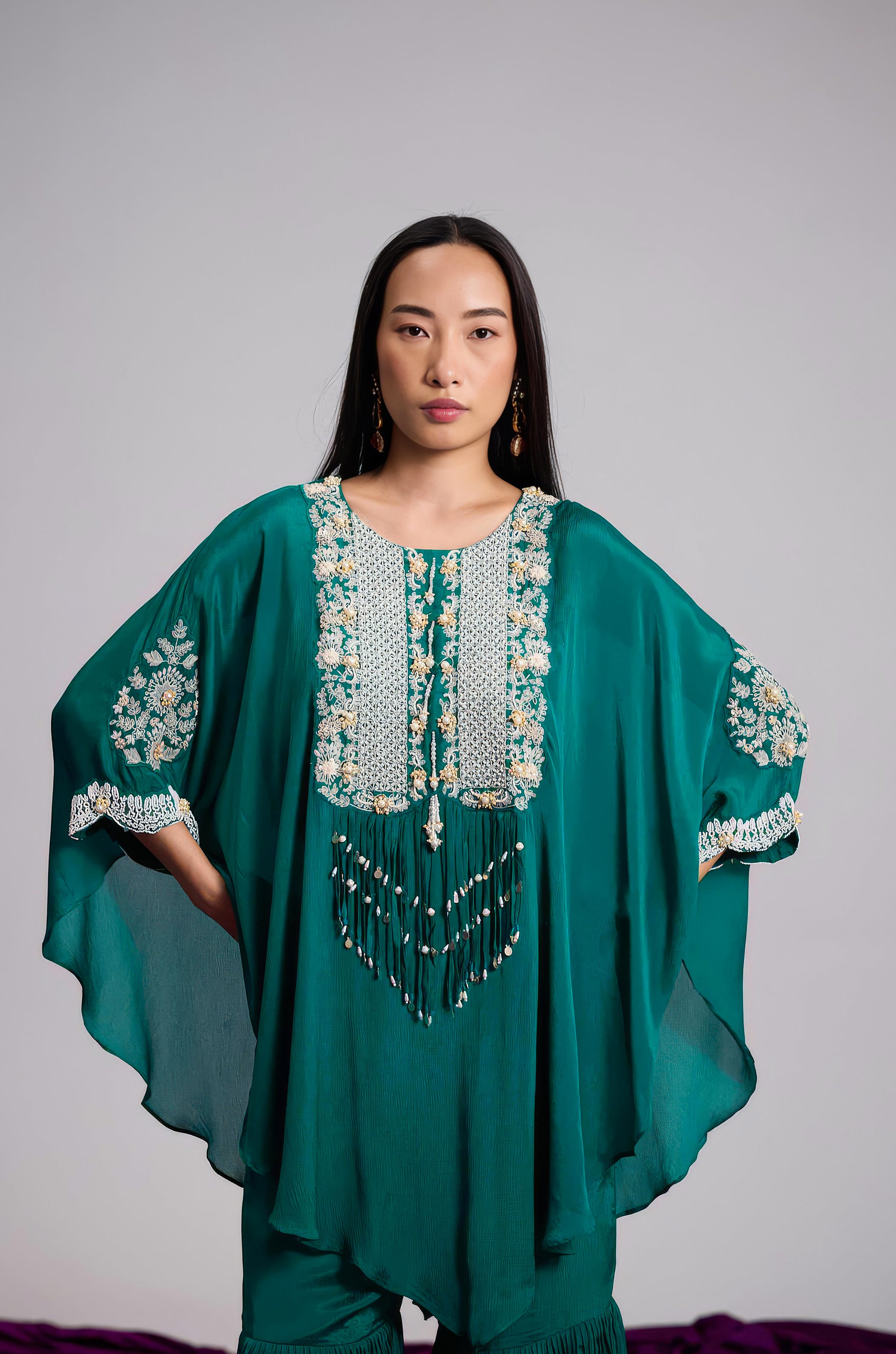 Emerald Green Embellished Chinon Silk Kaftan Set