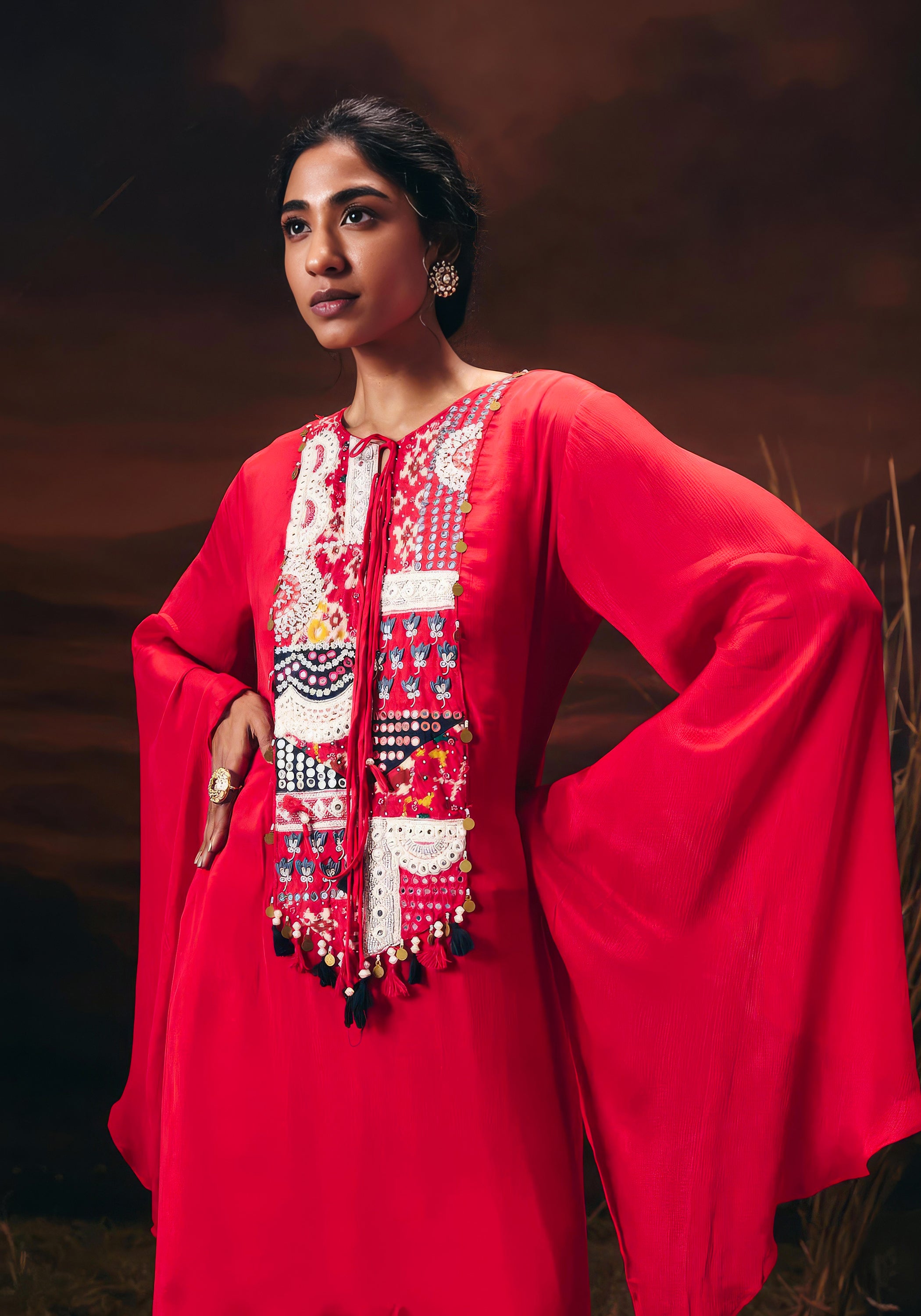 Scarlet Red Embellished Chinon Silk Palazzo Set