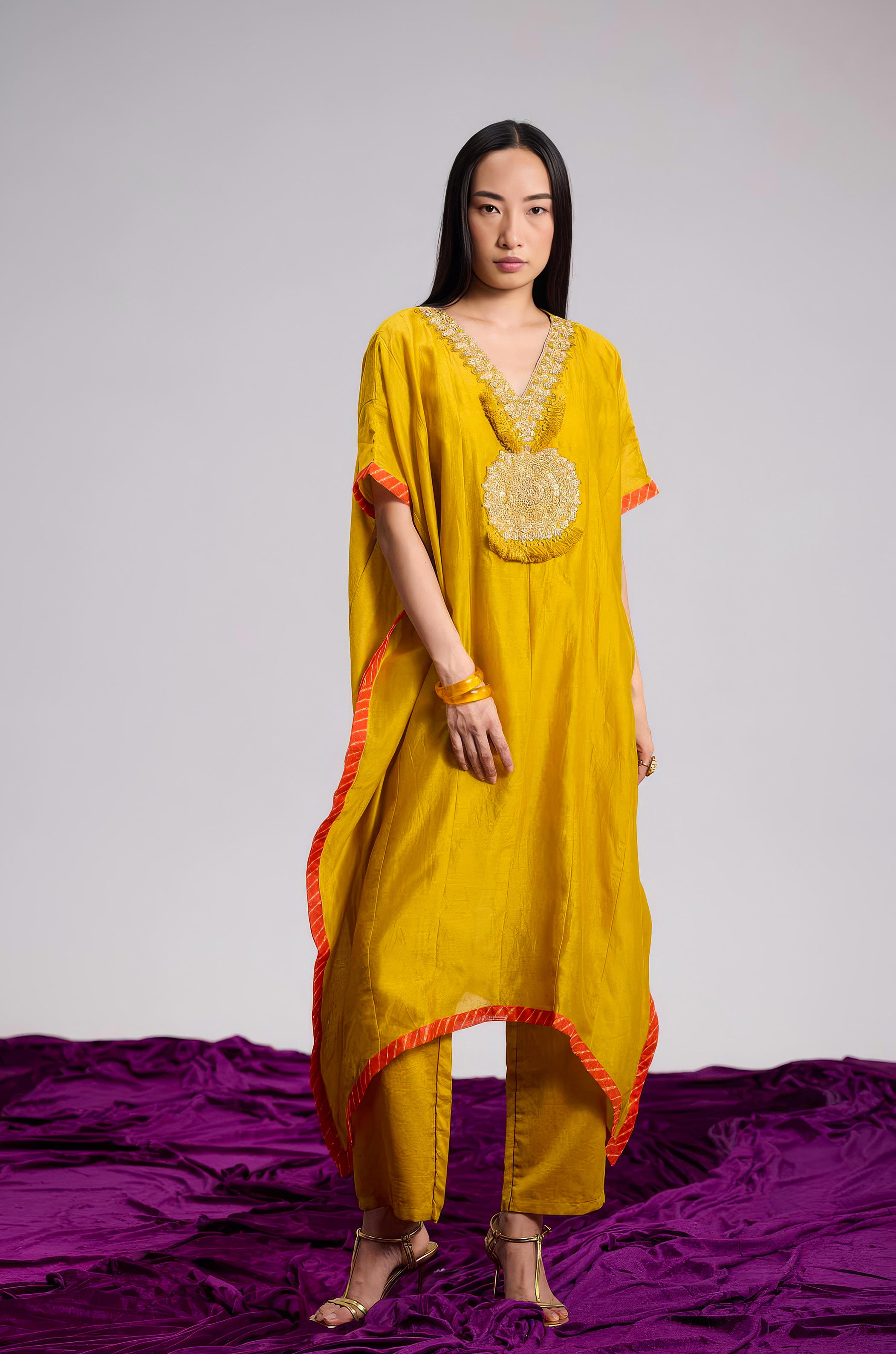Mustard Yellow Embellished Organza Tissue Silk Kaftan Set