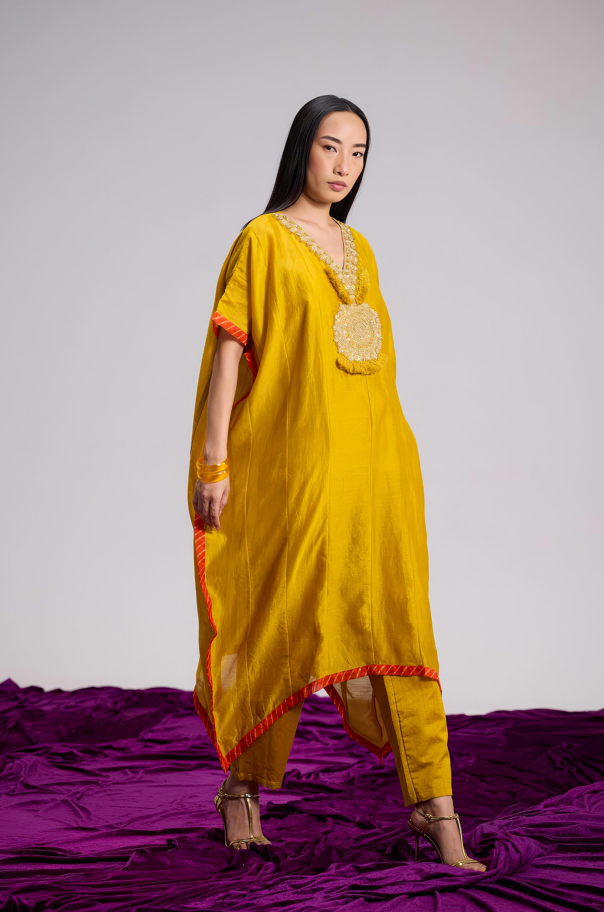 Mustard Yellow Embellished Organza Tissue Silk Kaftan Set