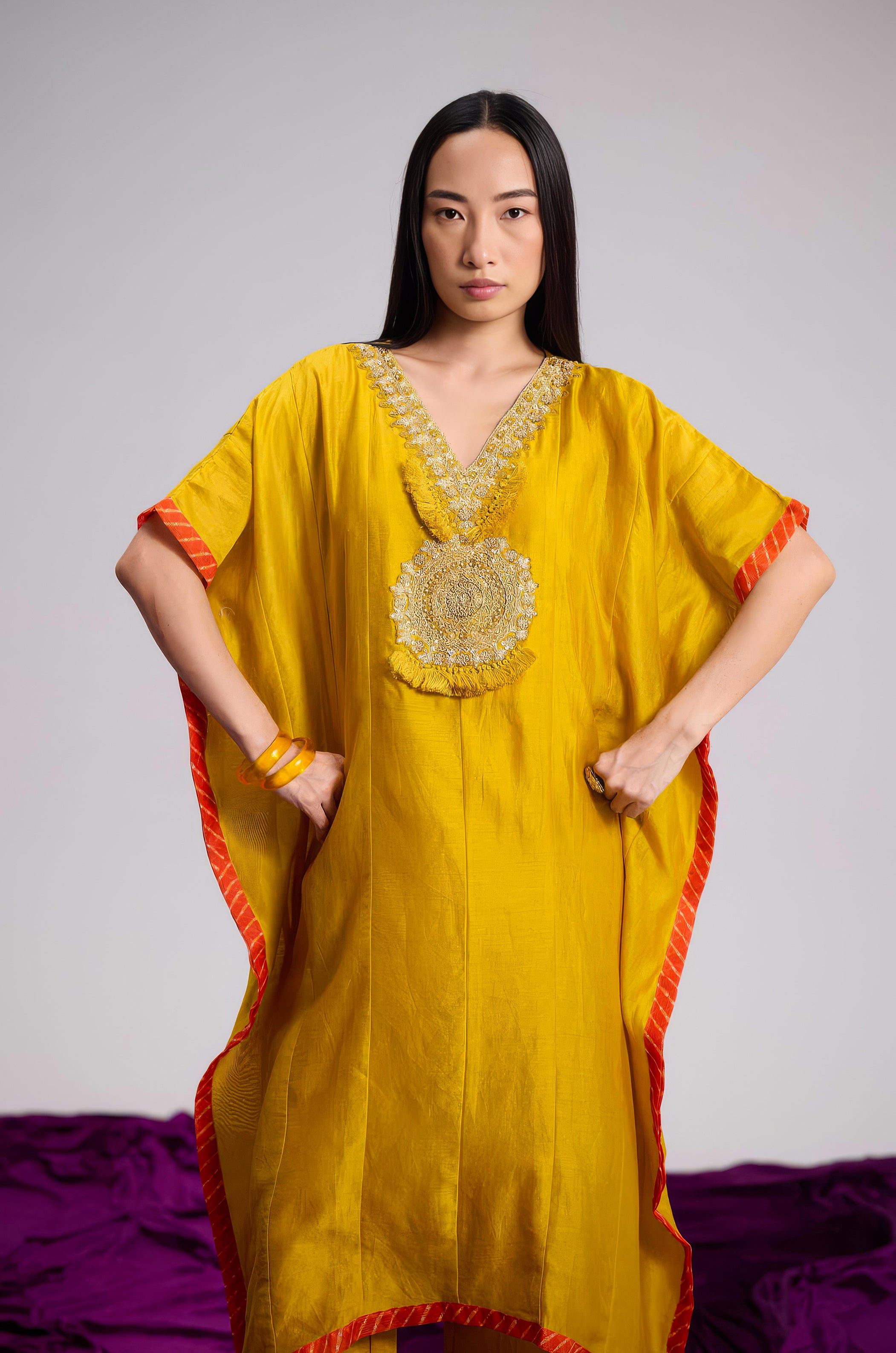 Mustard Yellow Embellished Organza Tissue Silk Kaftan Set