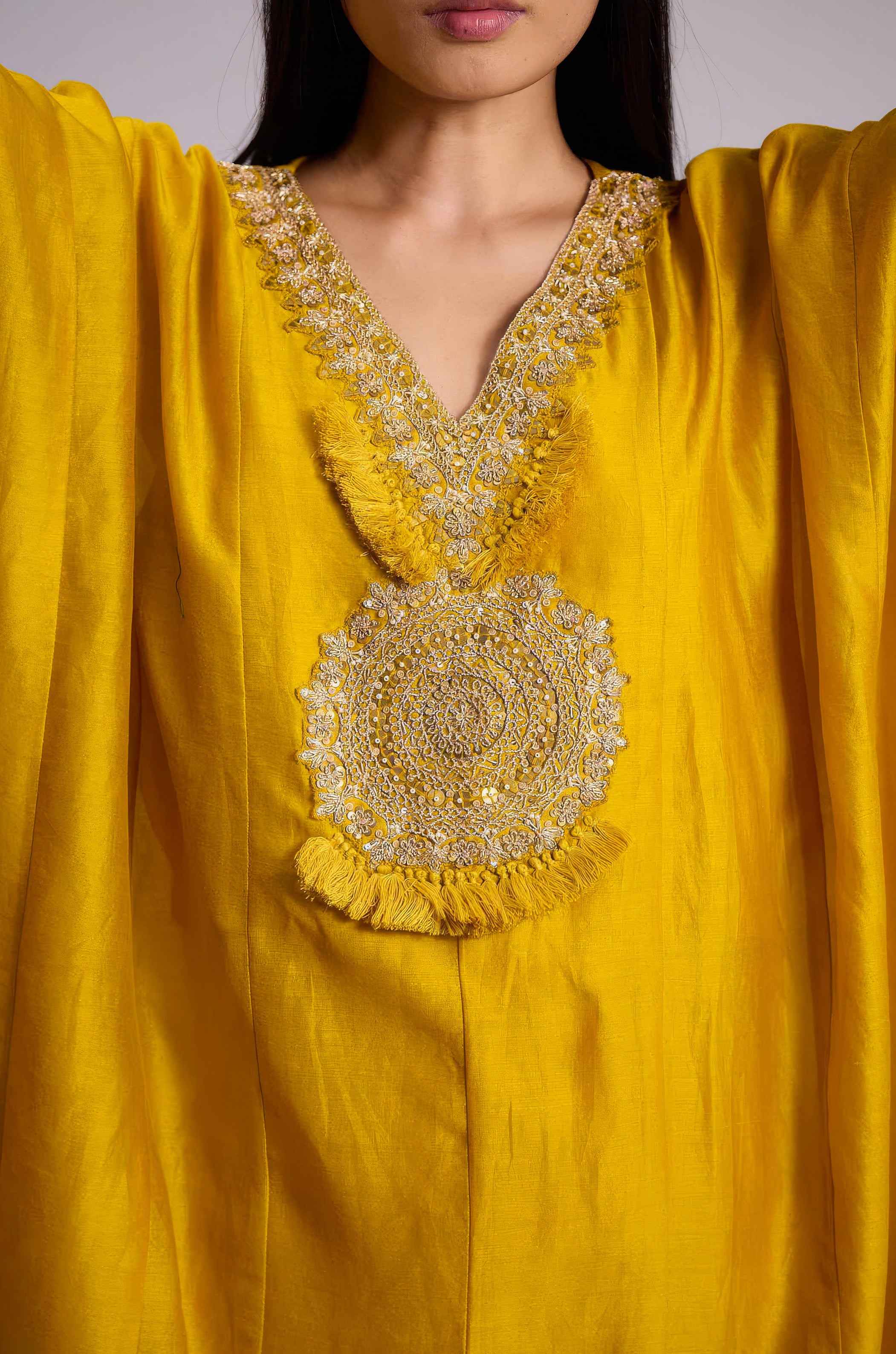 Mustard Yellow Embellished Organza Tissue Silk Kaftan Set