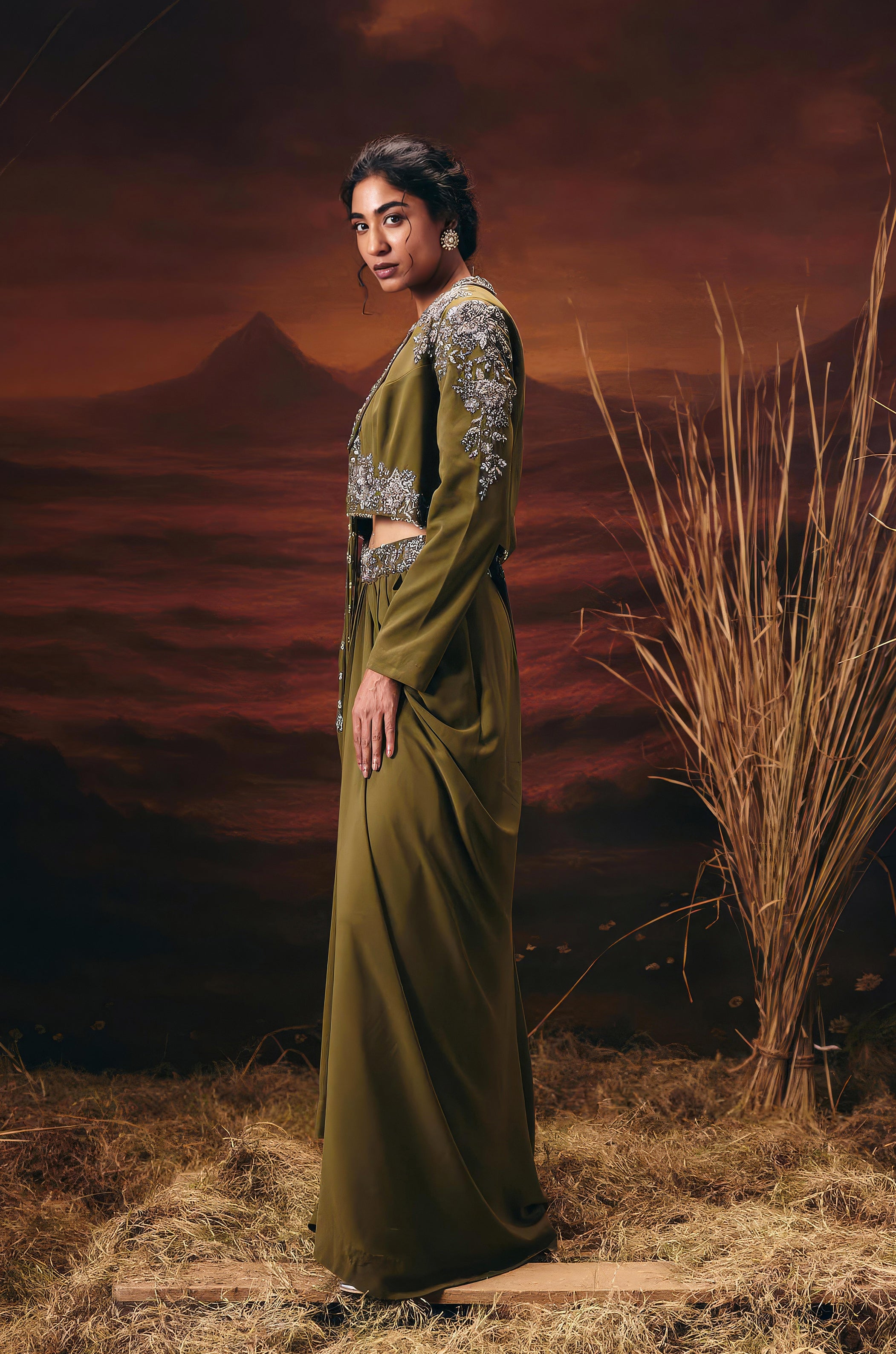 Olive Green Embellished Georgette Silk Skirt Set