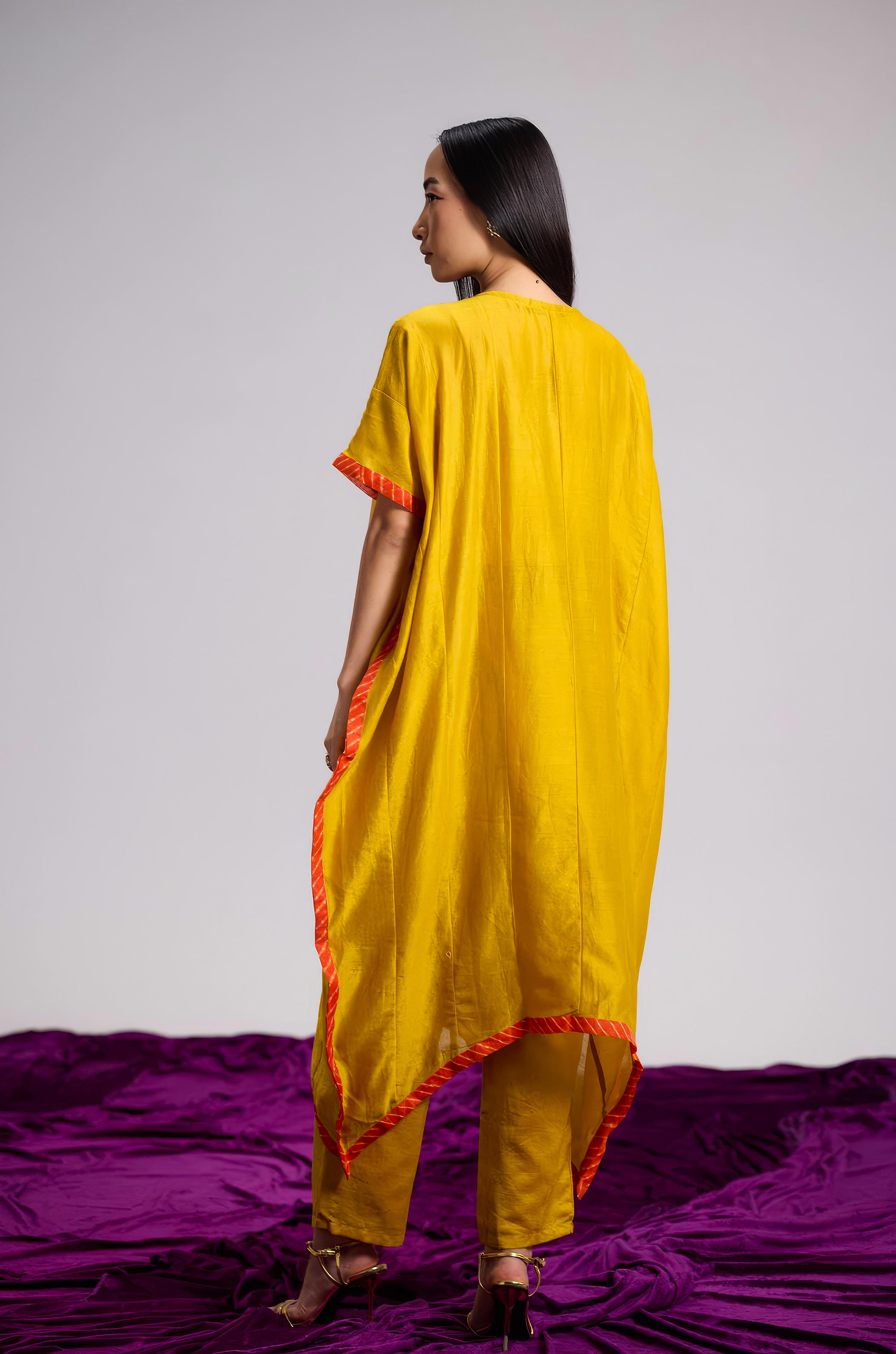 Mustard Yellow Embellished Organza Tissue Silk Kaftan Set