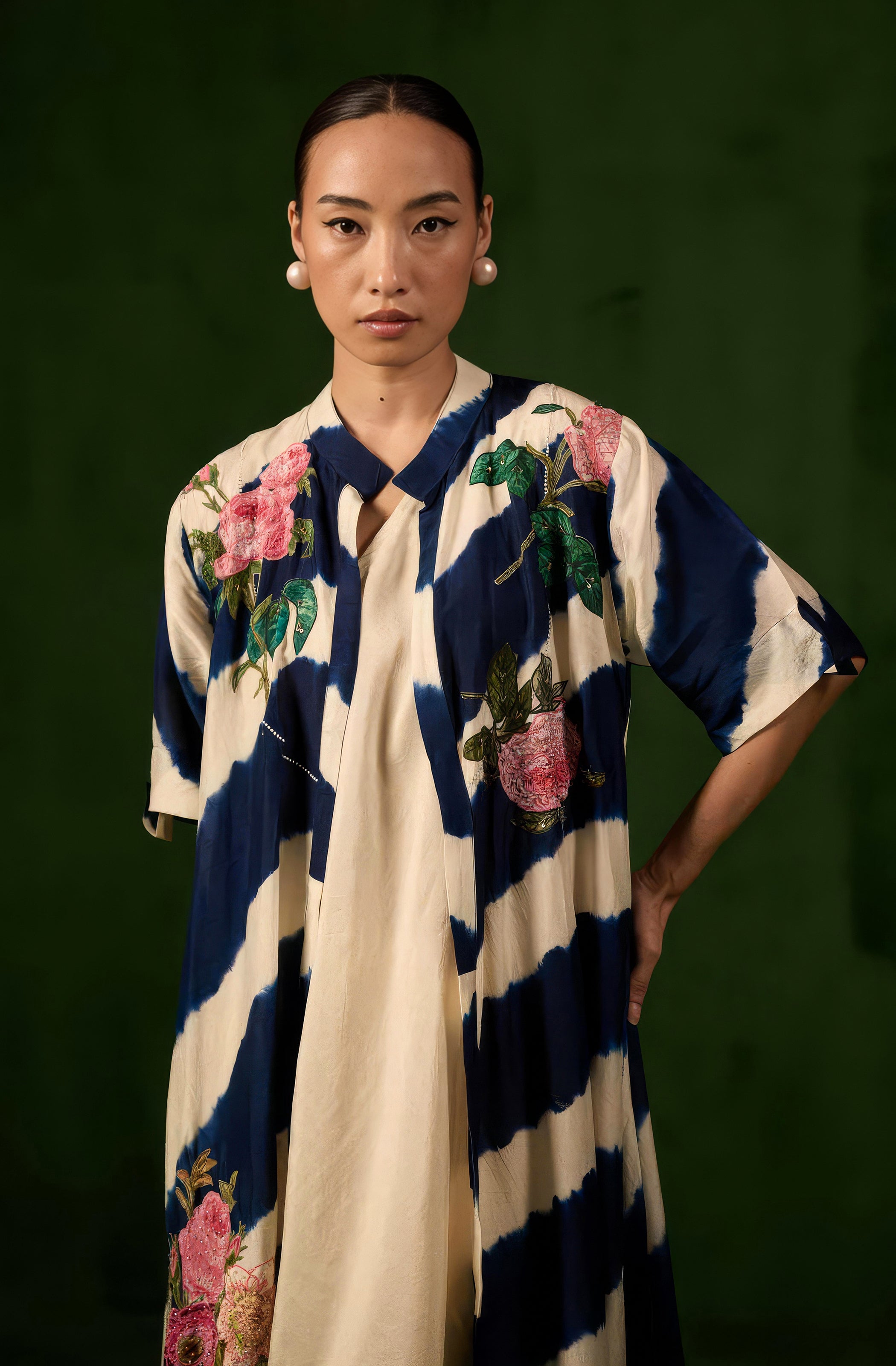 Deep Blue Embellished Raw Silk Tunic Set