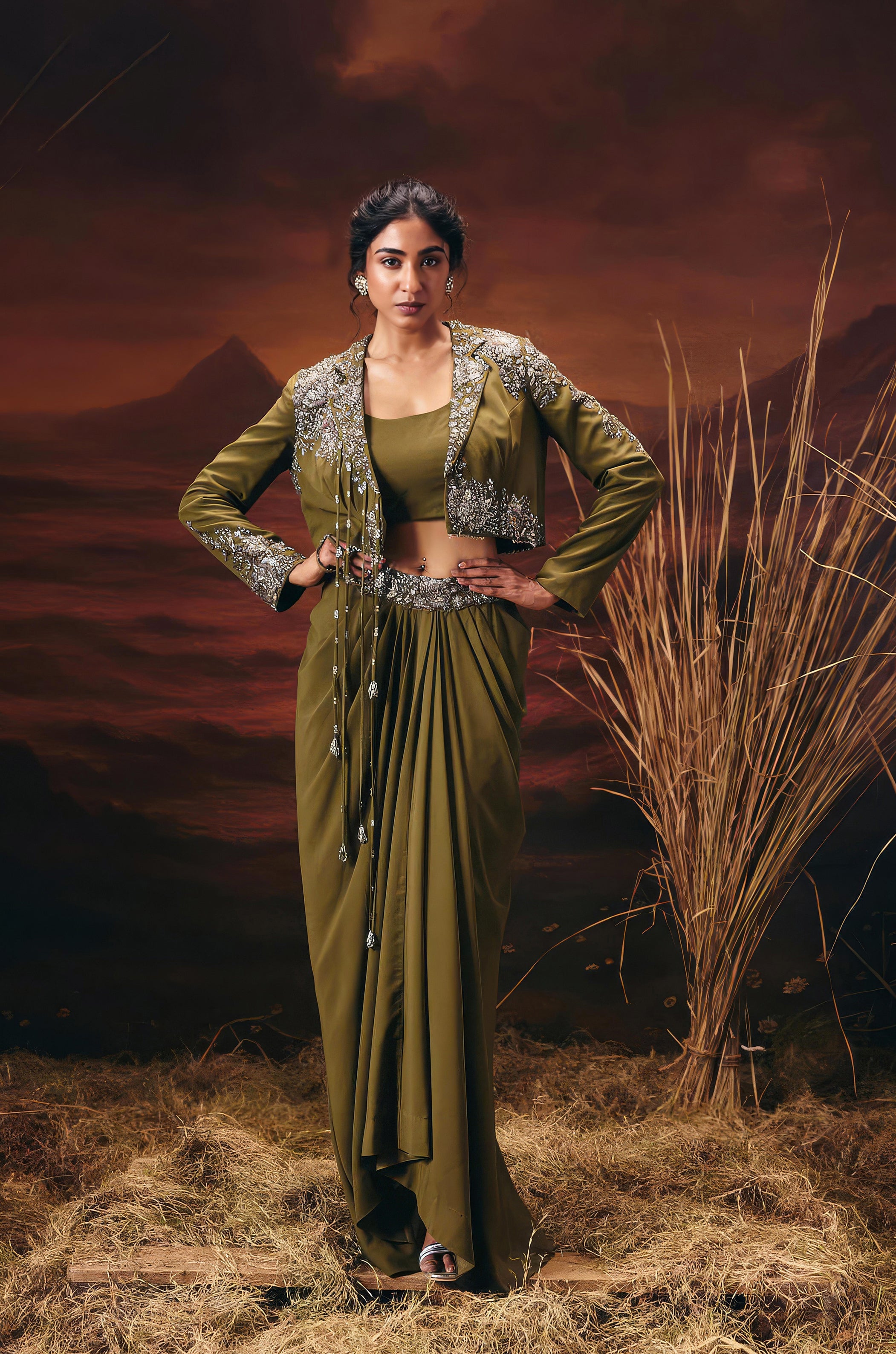 Olive Green Embellished Georgette Silk Skirt Set