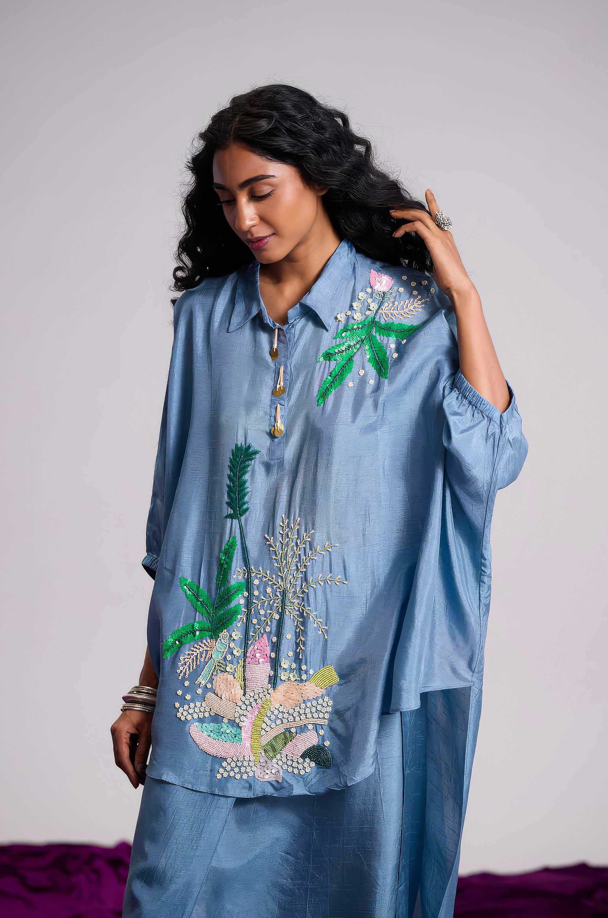 Dusty Blue Embellished Raw Silk Dhoti Set