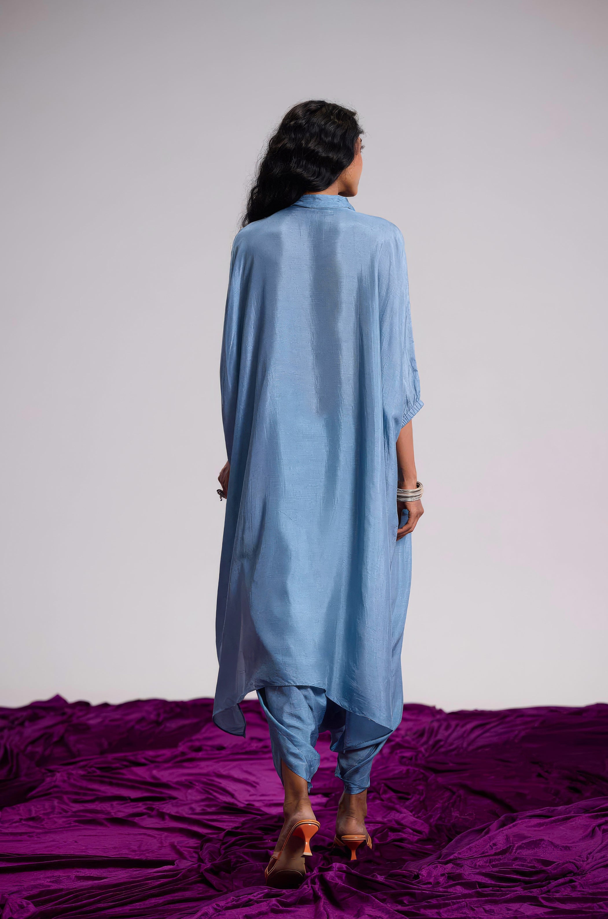 Dusty Blue Embellished Raw Silk Dhoti Set