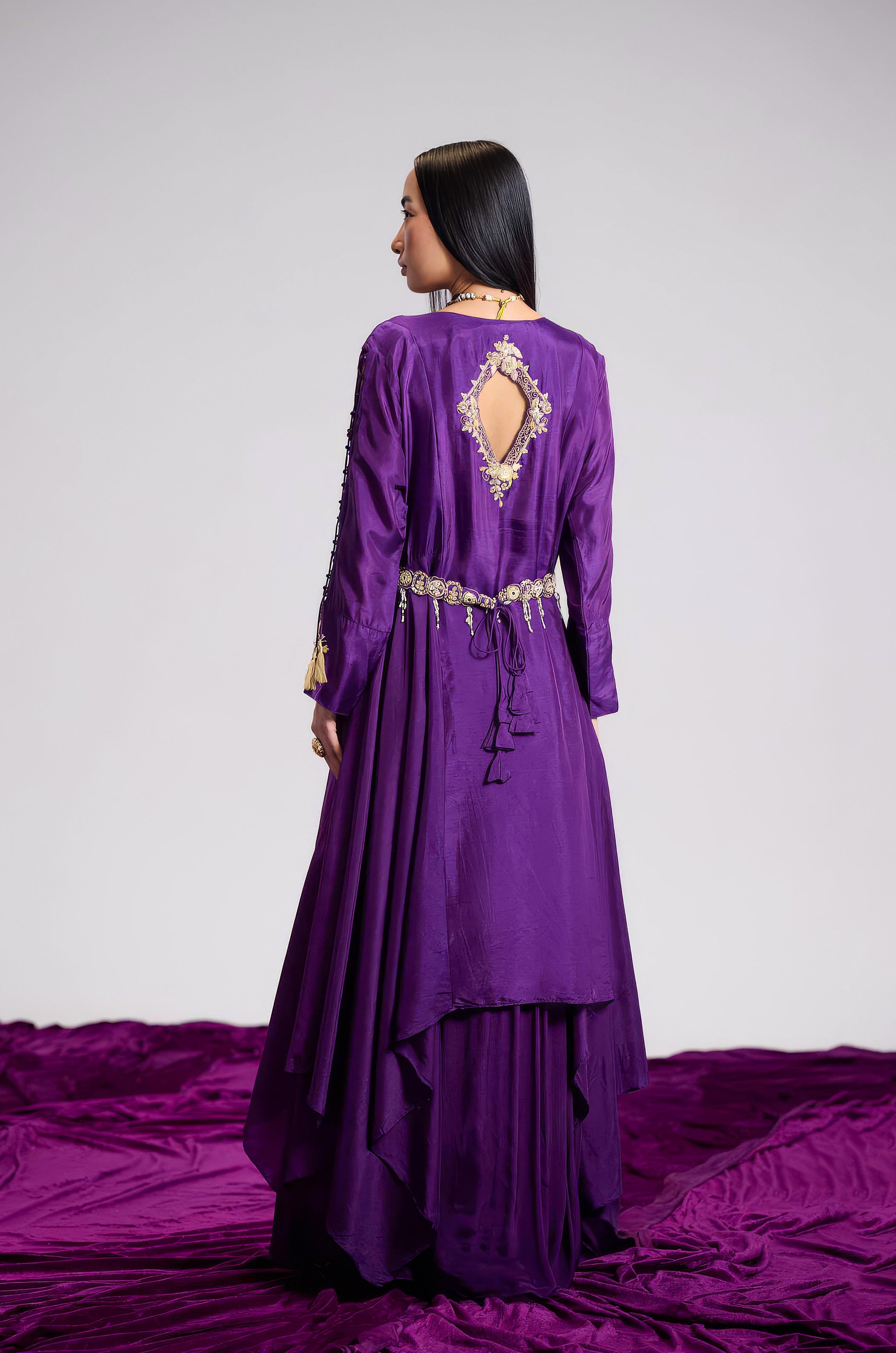 Violet Purple Embellished Satin Silk Skirt Set