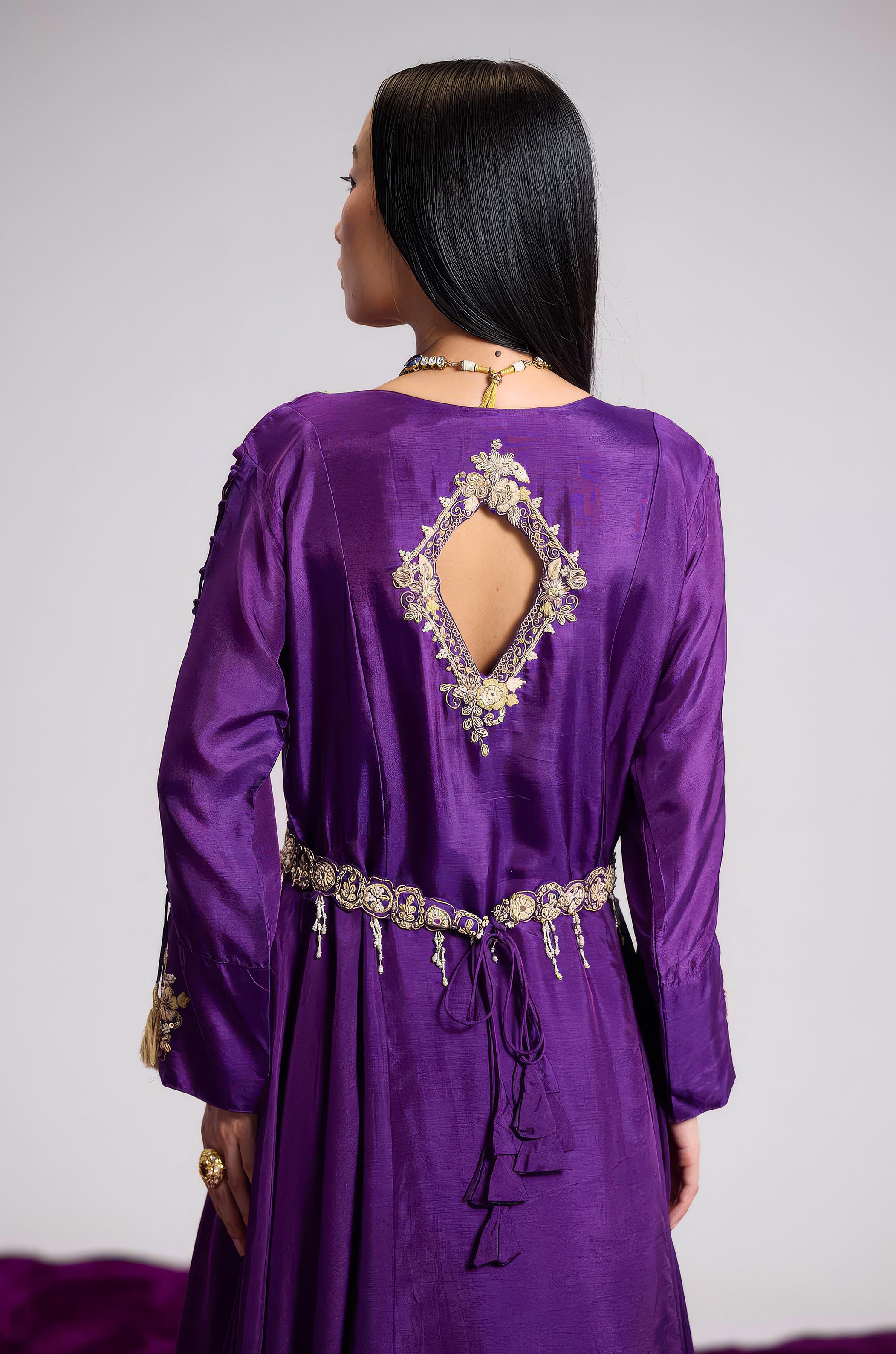 Violet Purple Embellished Satin Silk Skirt Set