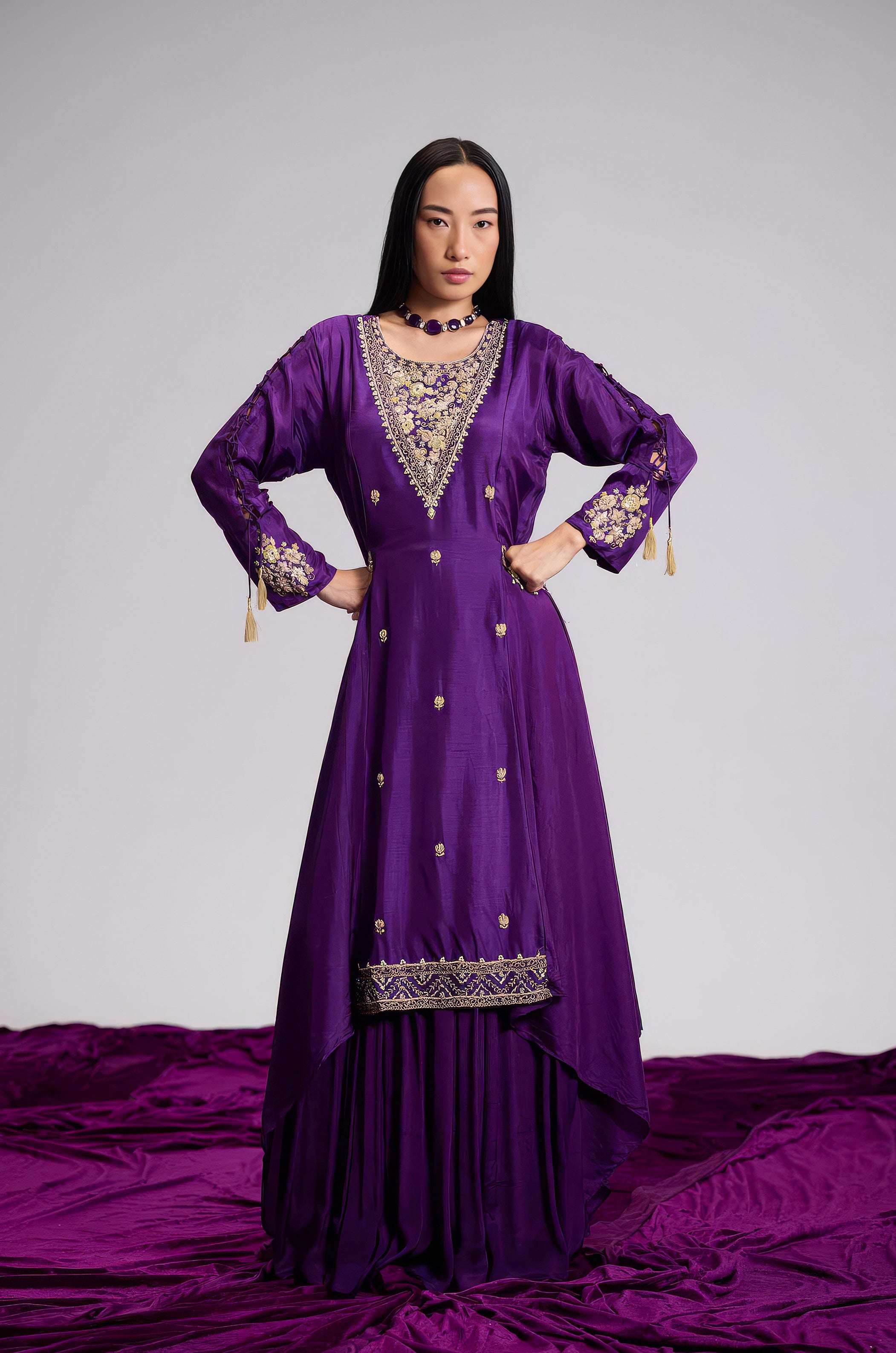 Violet Purple Embellished Satin Silk Skirt Set