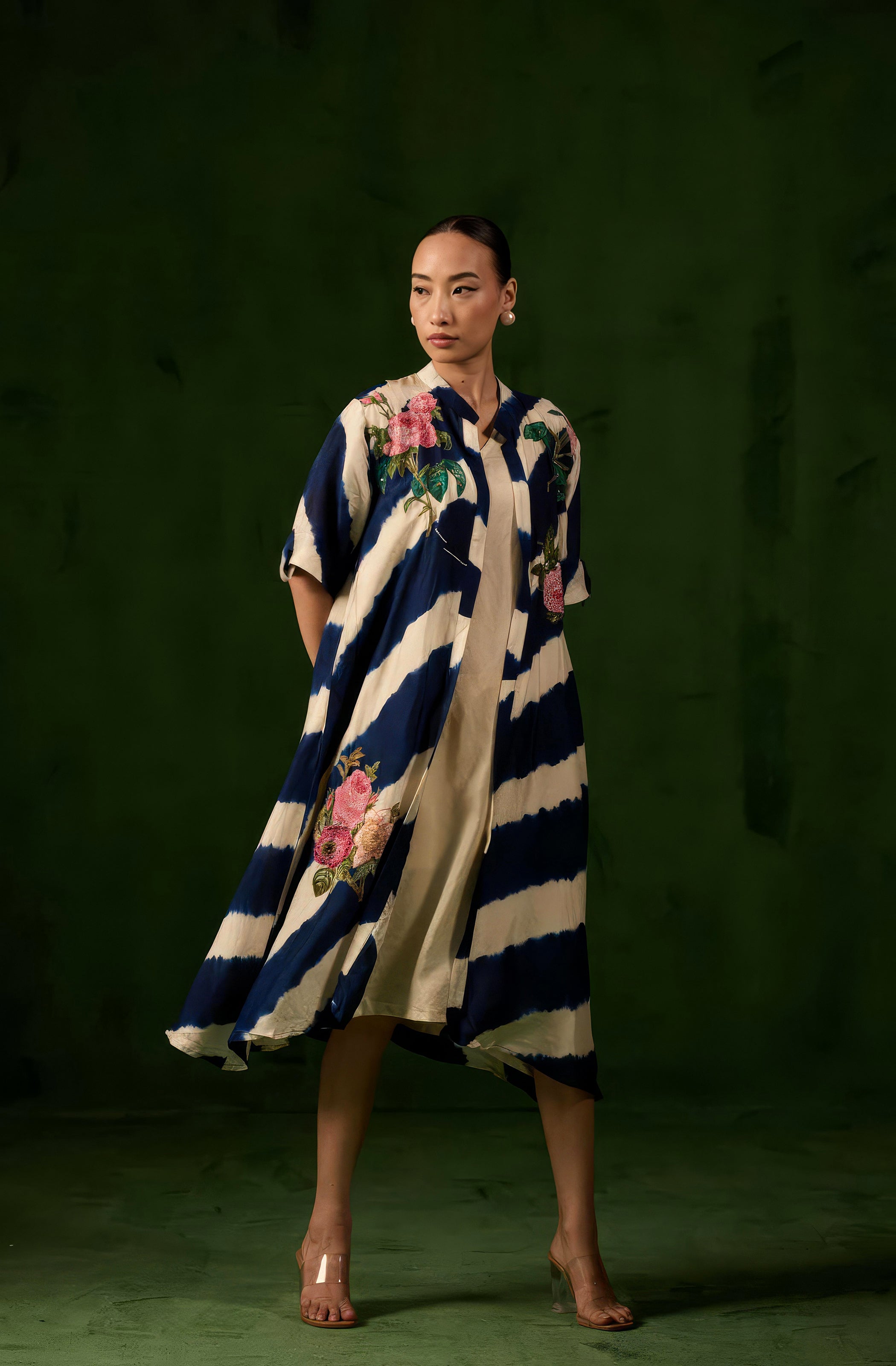 Deep Blue Embellished Raw Silk Tunic Set