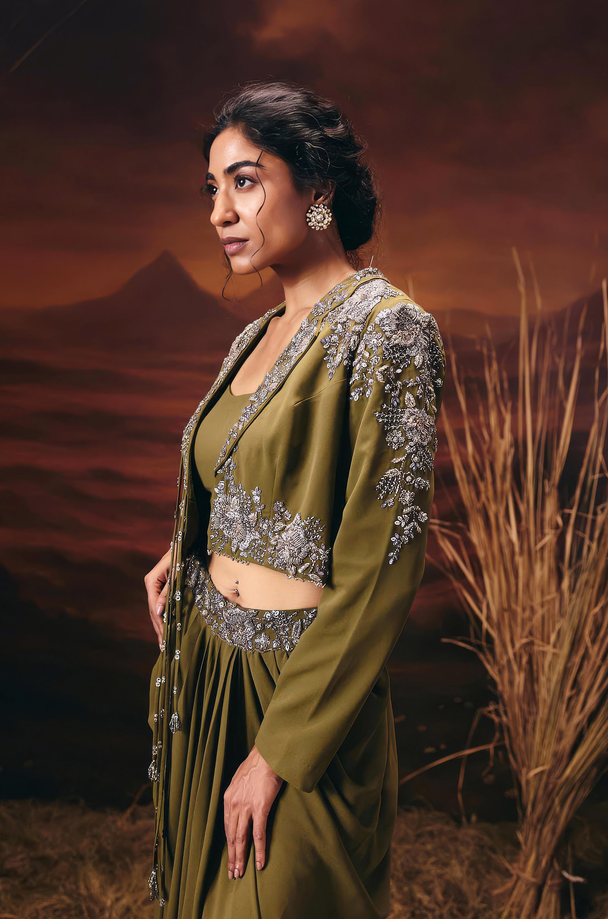 Olive Green Embellished Georgette Silk Skirt Set