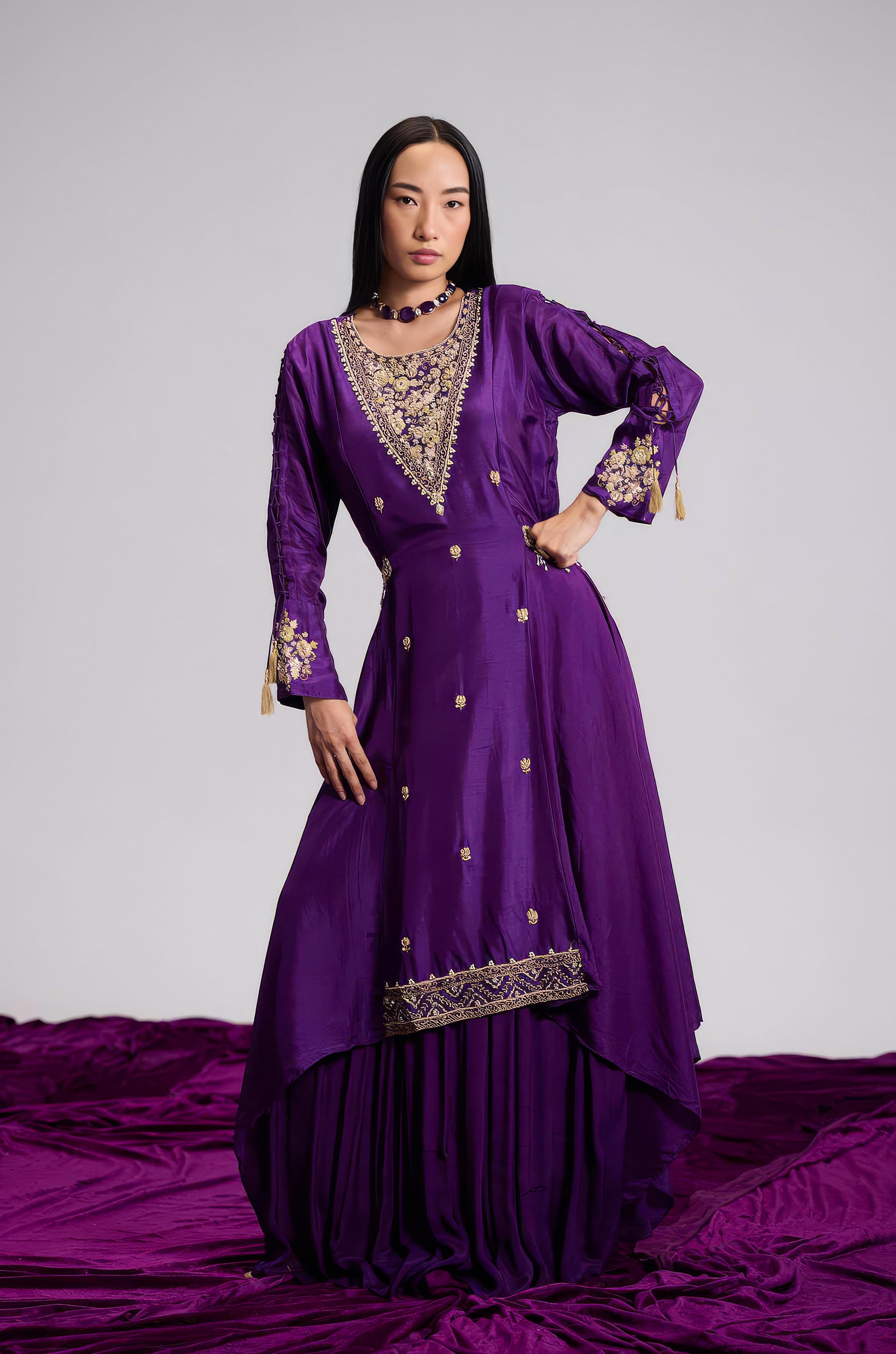 Violet Purple Embellished Satin Silk Skirt Set