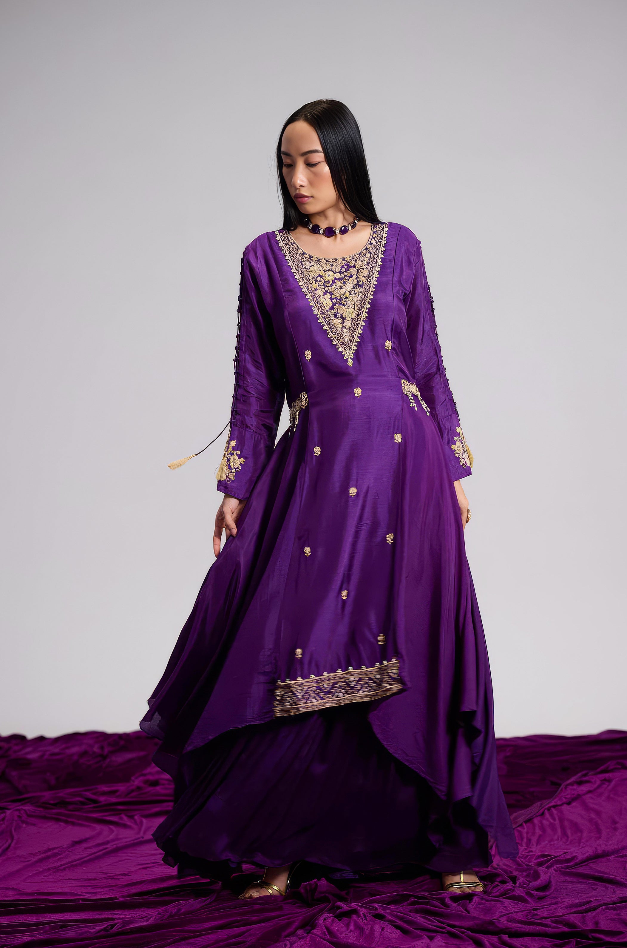 Violet Purple Embellished Satin Silk Skirt Set