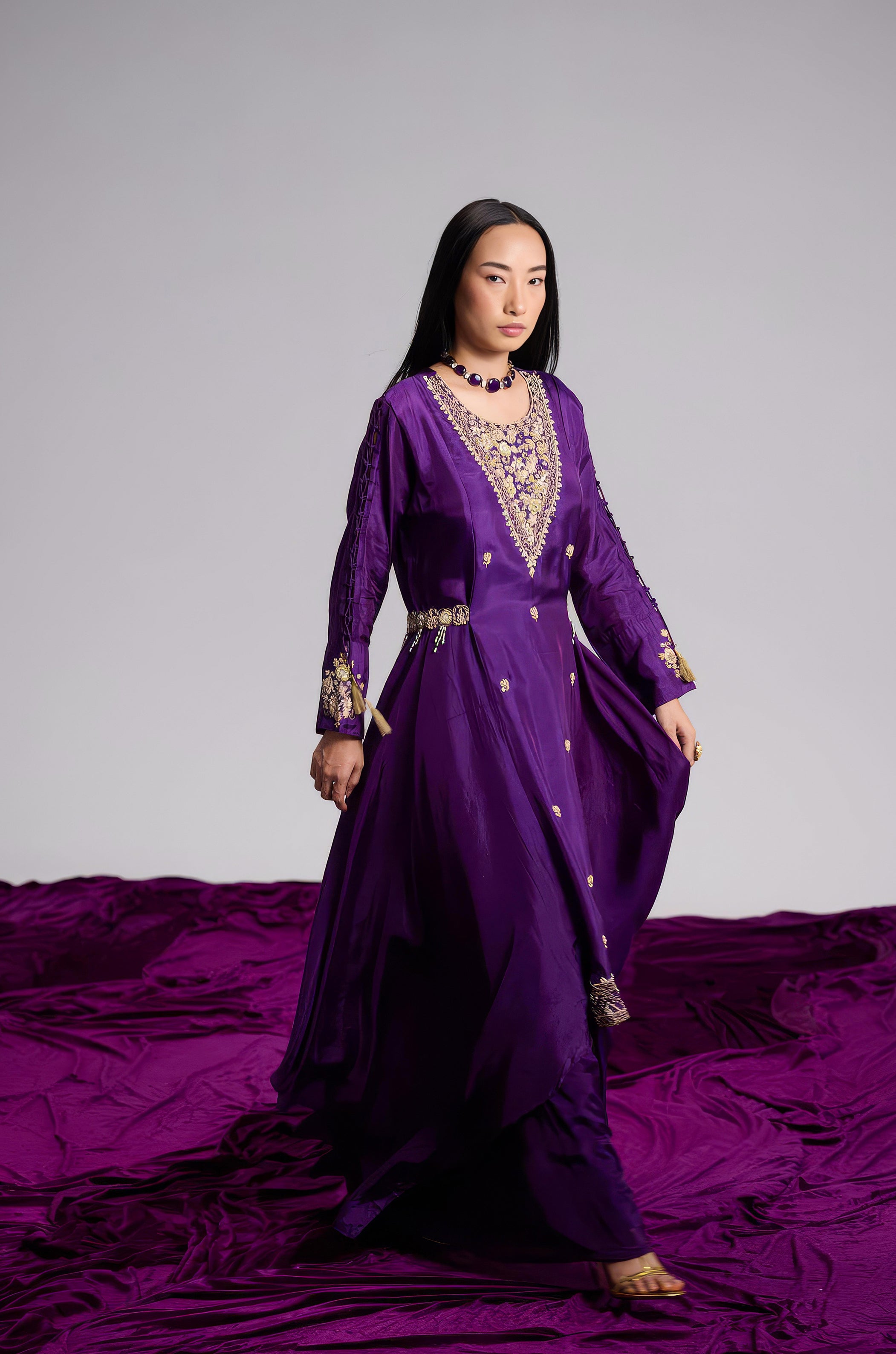 Violet Purple Embellished Satin Silk Skirt Set