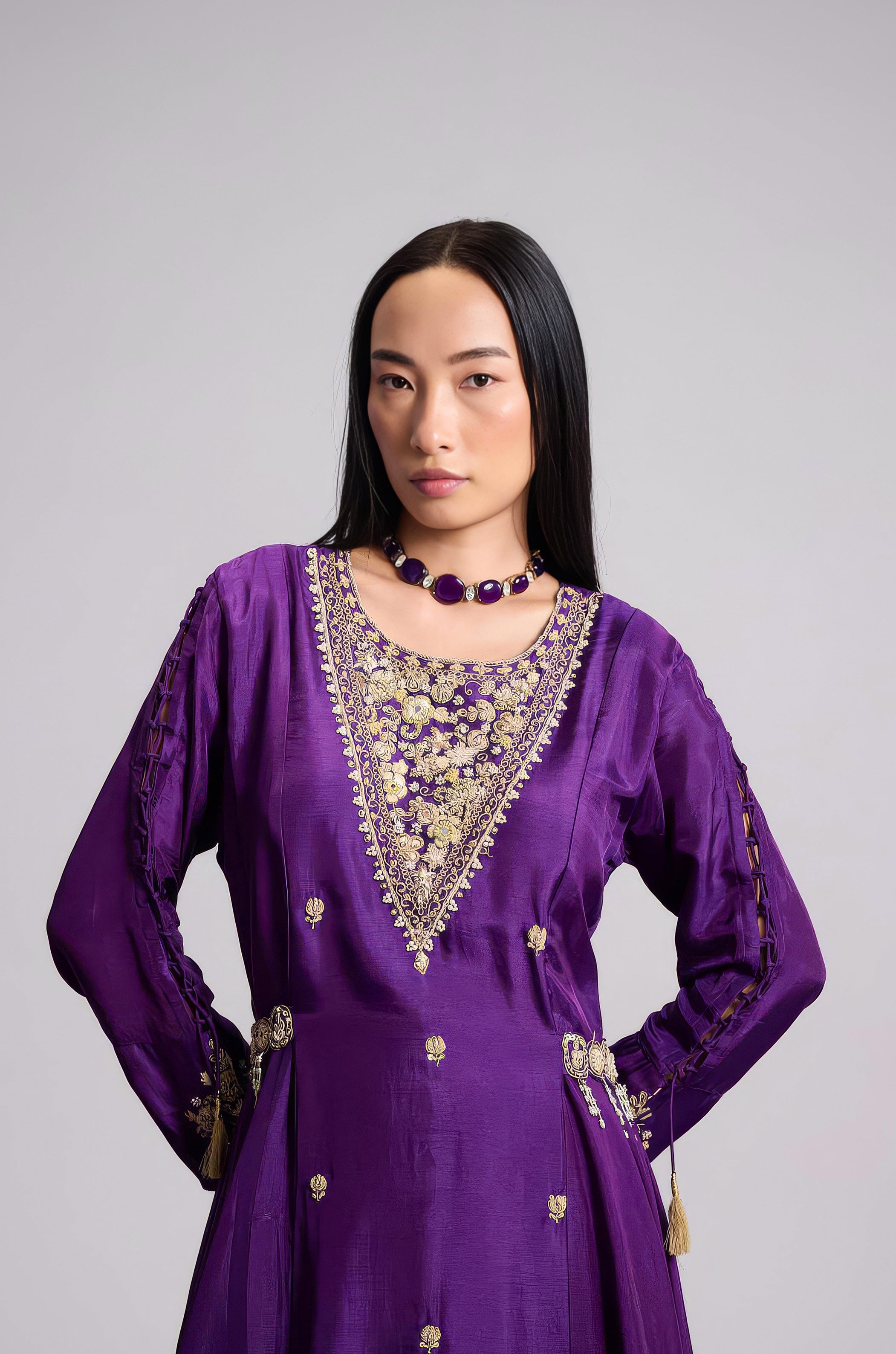 Violet Purple Embellished Satin Silk Skirt Set