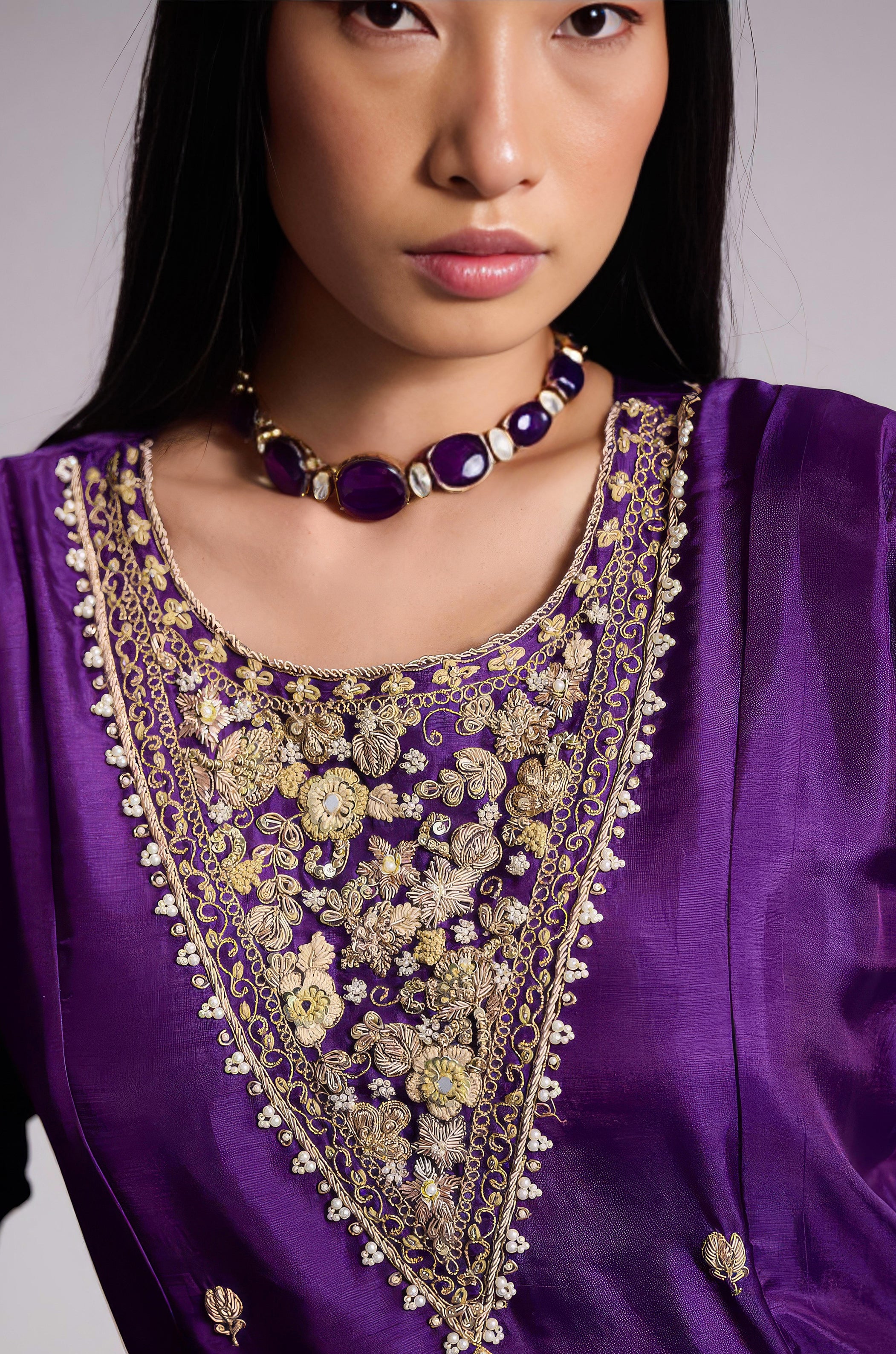 Violet Purple Embellished Satin Silk Skirt Set