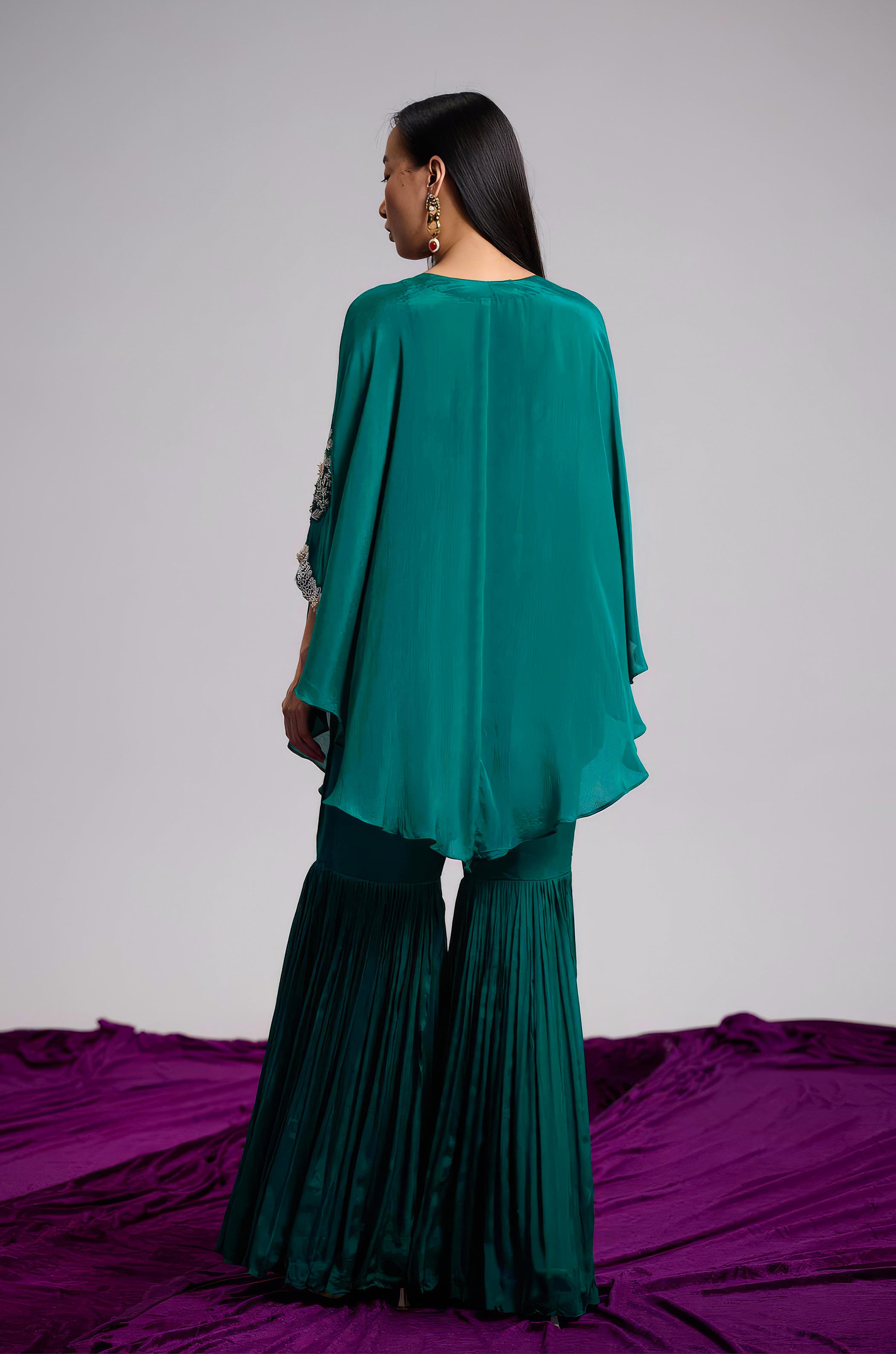 Emerald Green Embellished Chinon Silk Kaftan Set