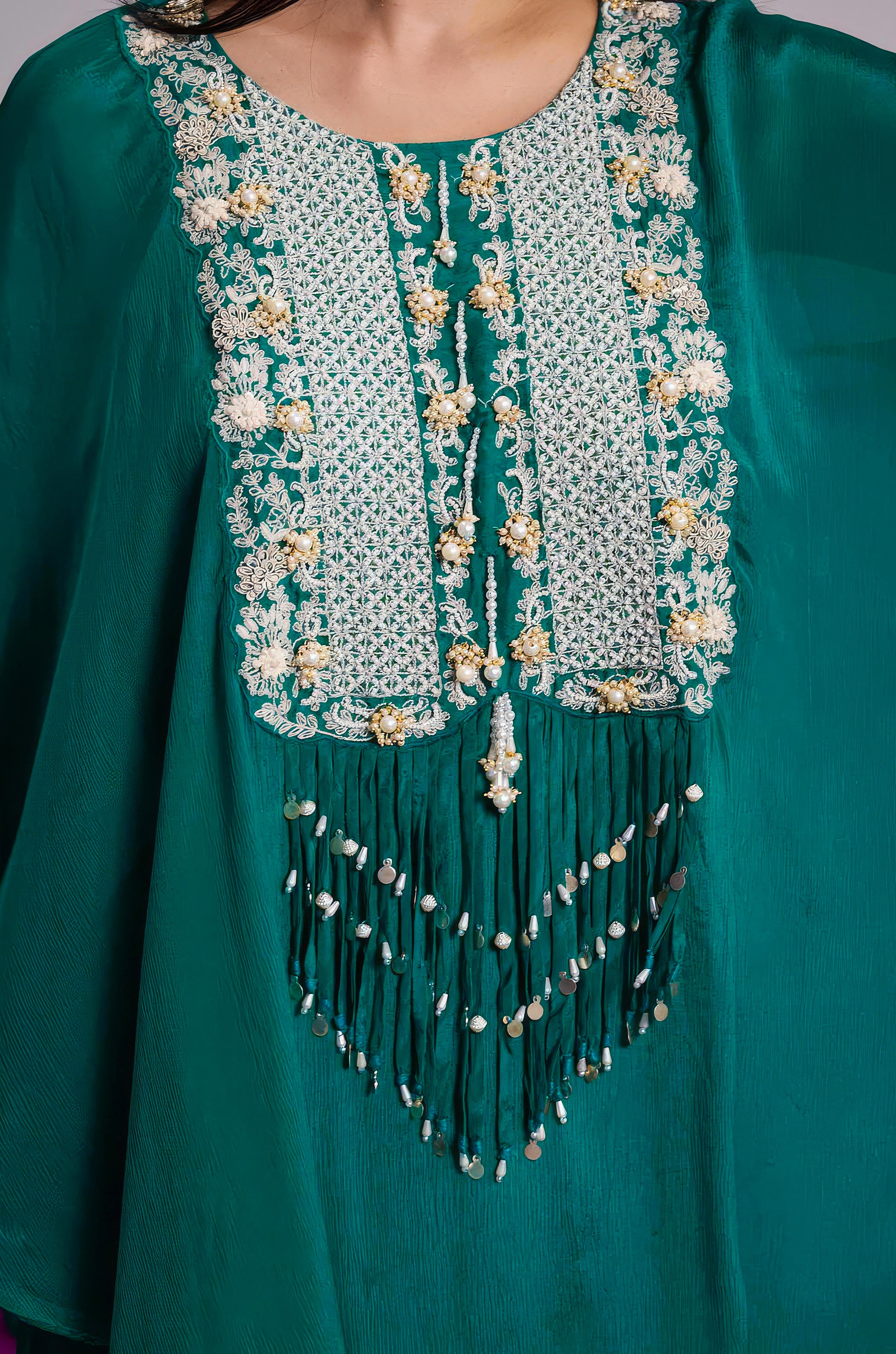 Emerald Green Embellished Chinon Silk Kaftan Set