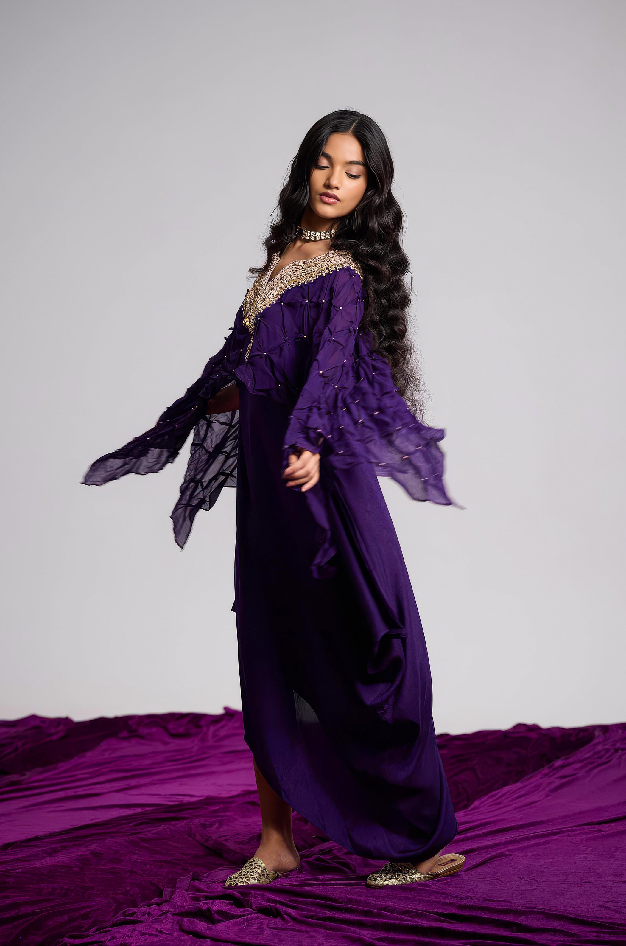 Plum Purple Embellished Georgette Silk Dress