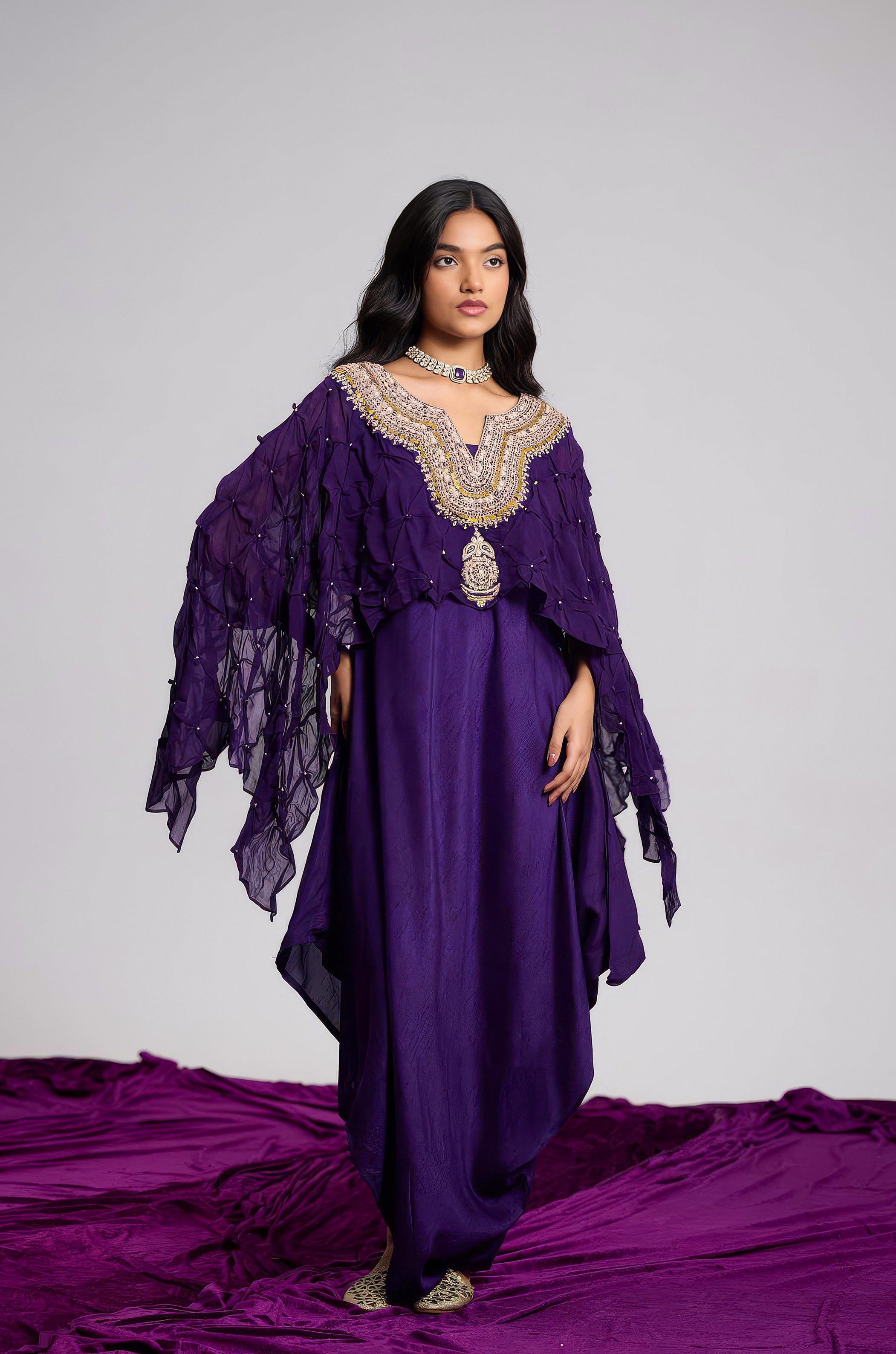 Plum Purple Embellished Georgette Silk Dress