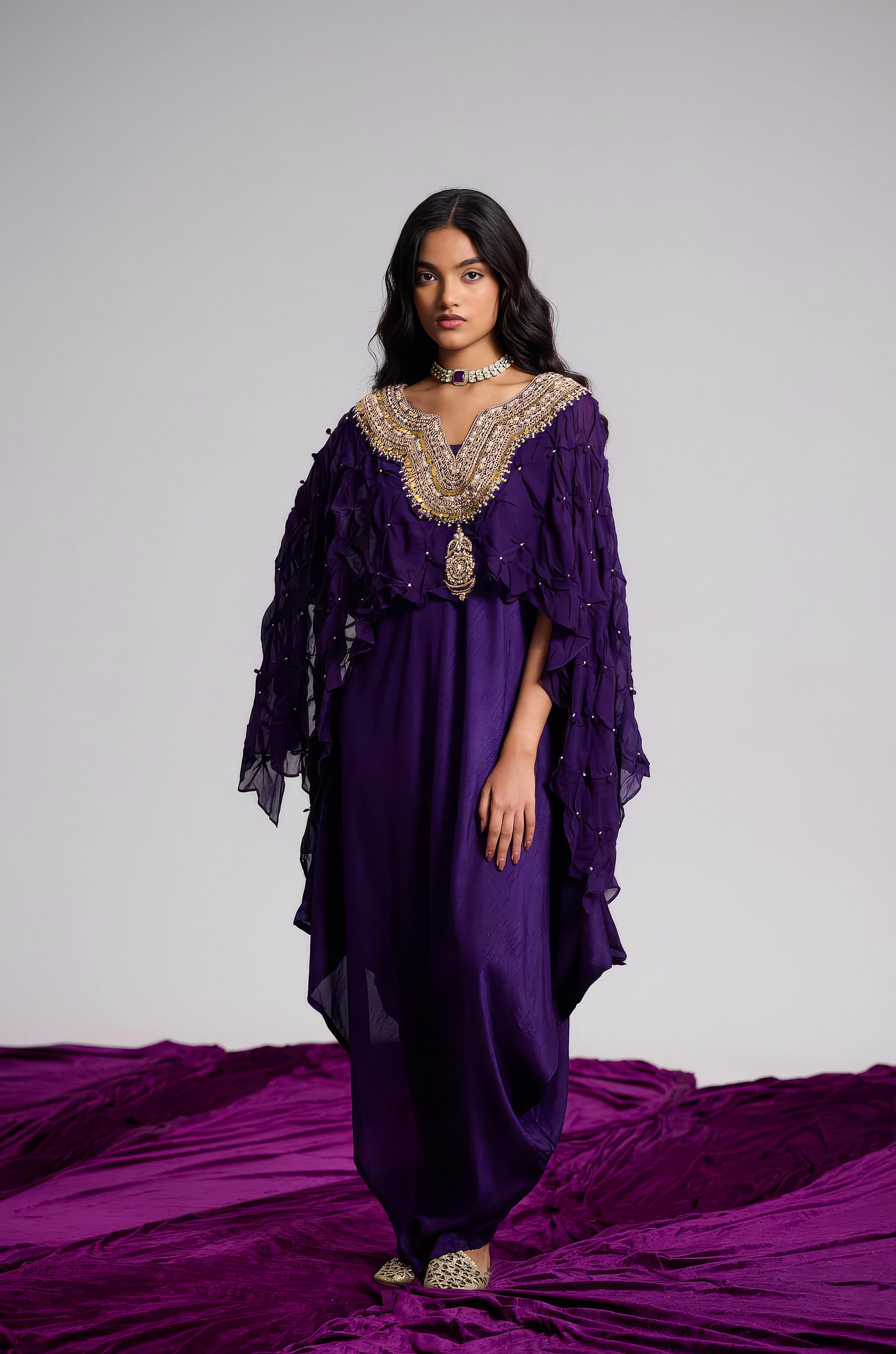Plum Purple Embellished Georgette Silk Dress