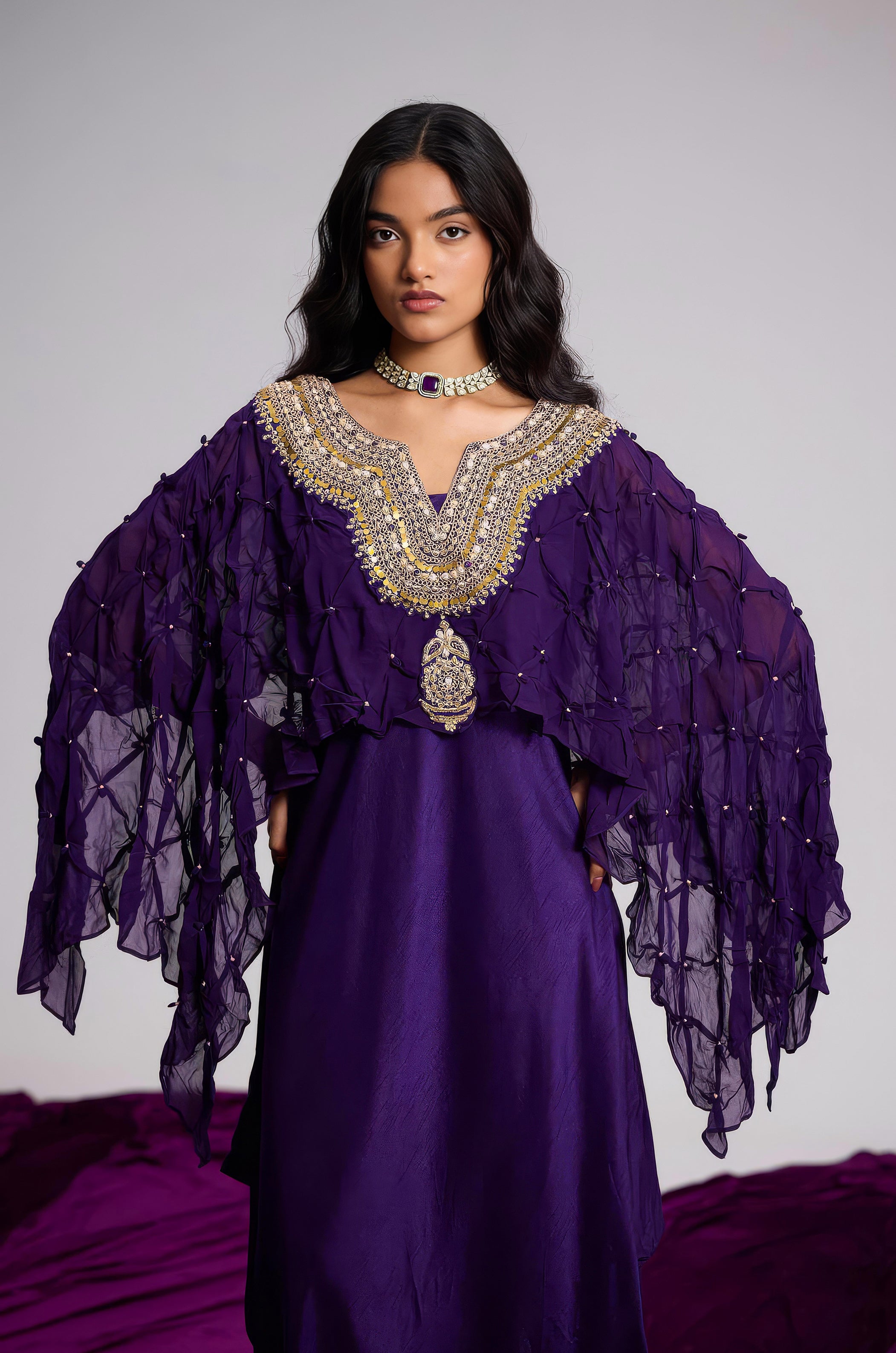 Plum Purple Embellished Georgette Silk Dress