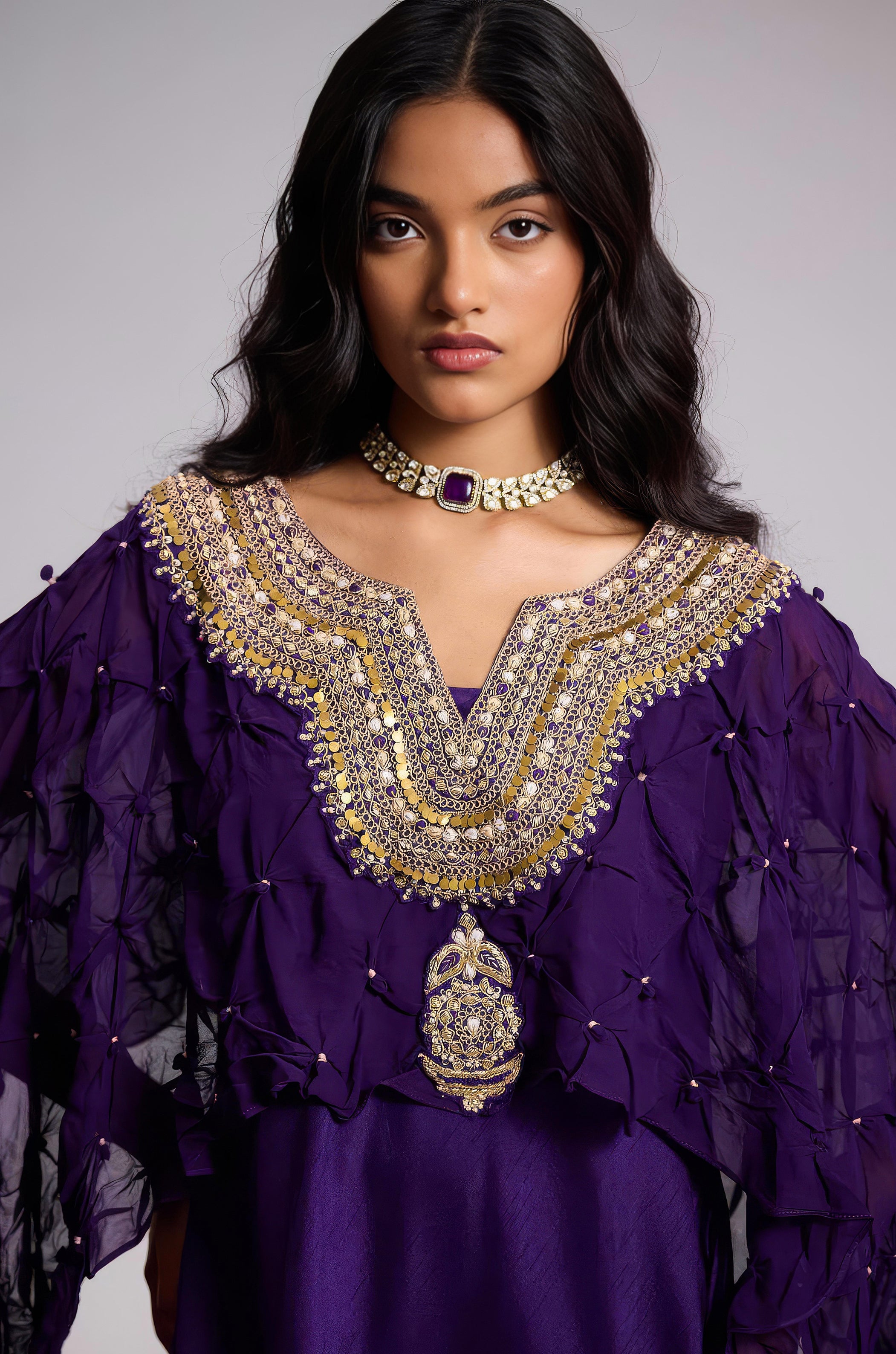 Plum Purple Embellished Georgette Silk Dress