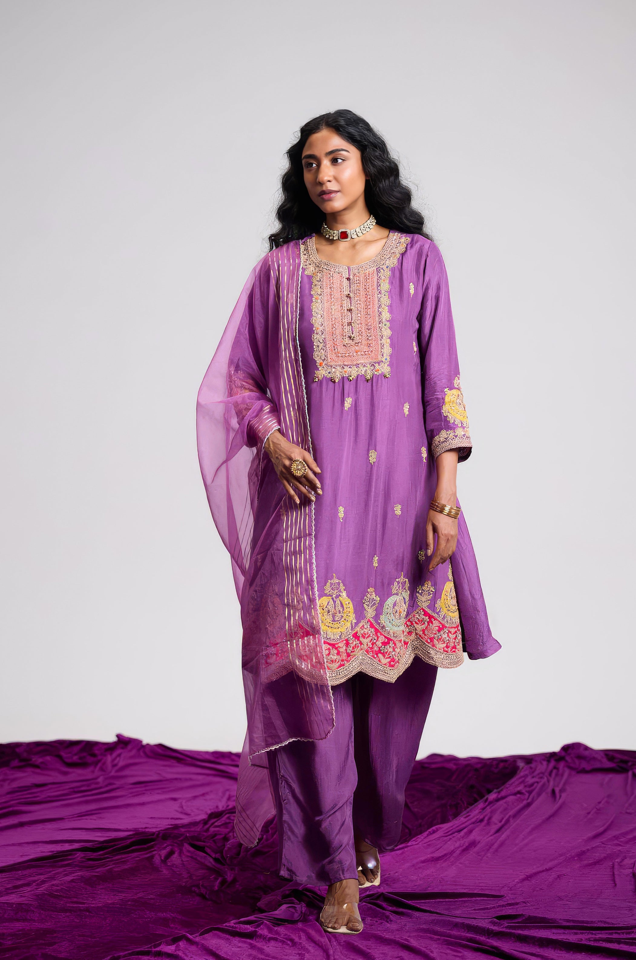 Orchid Purple Embellished Chinon Silk Pant Set