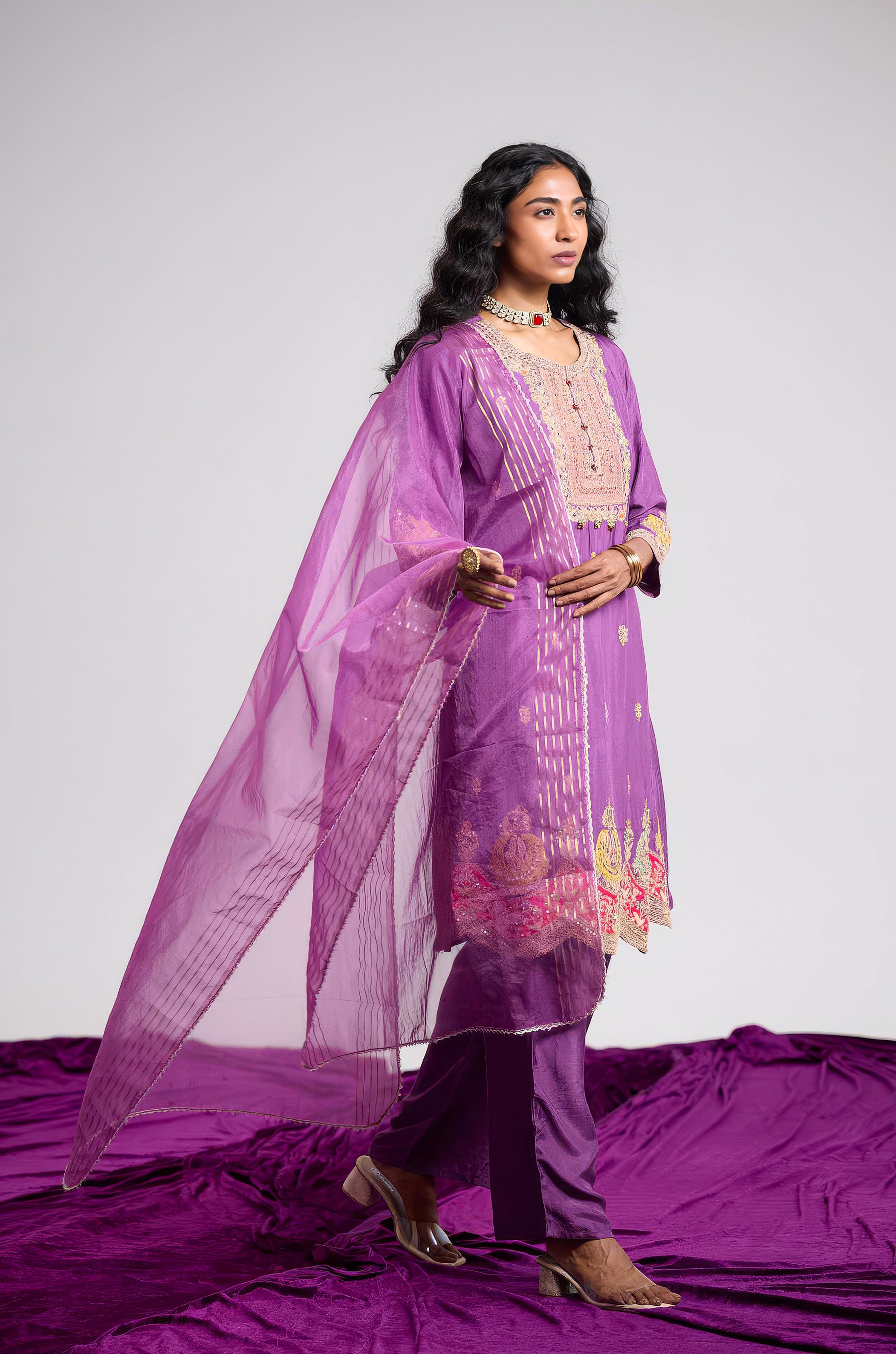 Orchid Purple Embellished Chinon Silk Pant Set