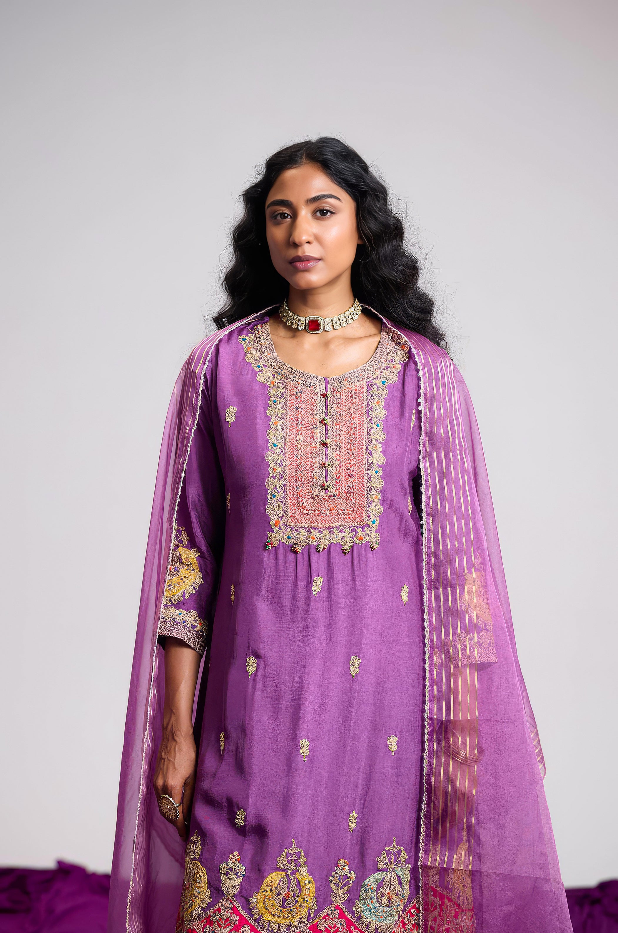 Orchid Purple Embellished Chinon Silk Pant Set