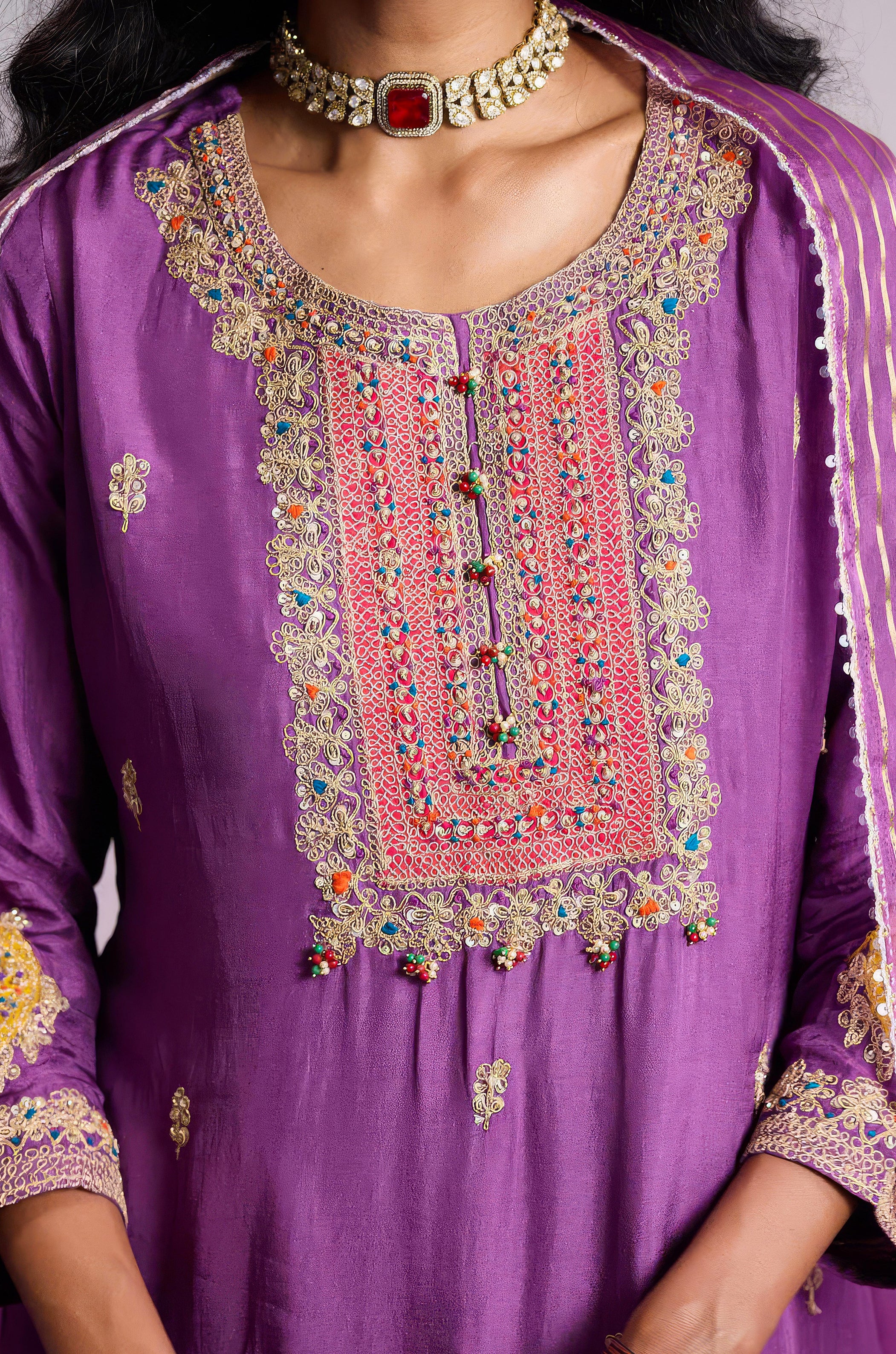 Orchid Purple Embellished Chinon Silk Pant Set