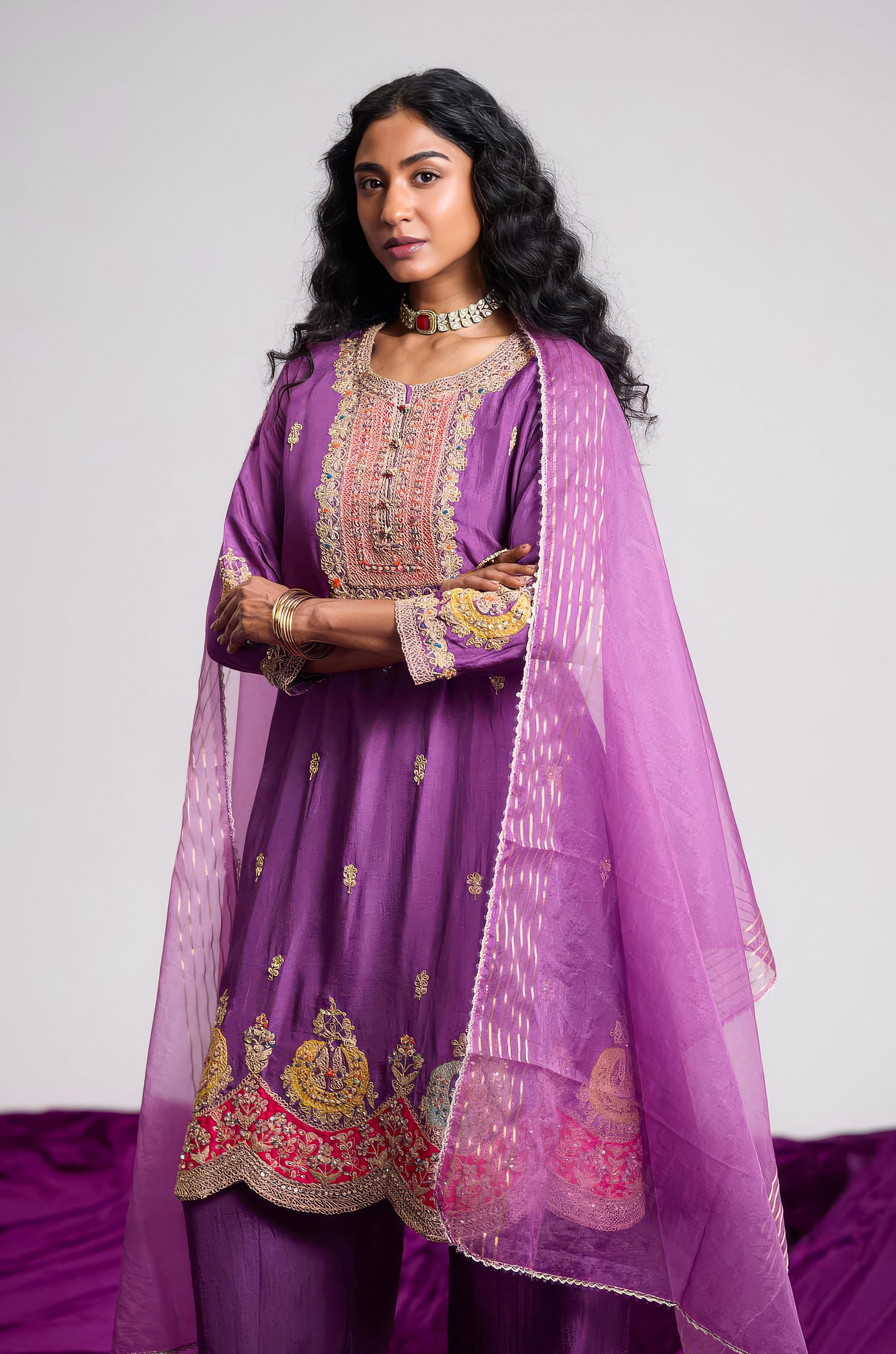 Orchid Purple Embellished Chinon Silk Pant Set