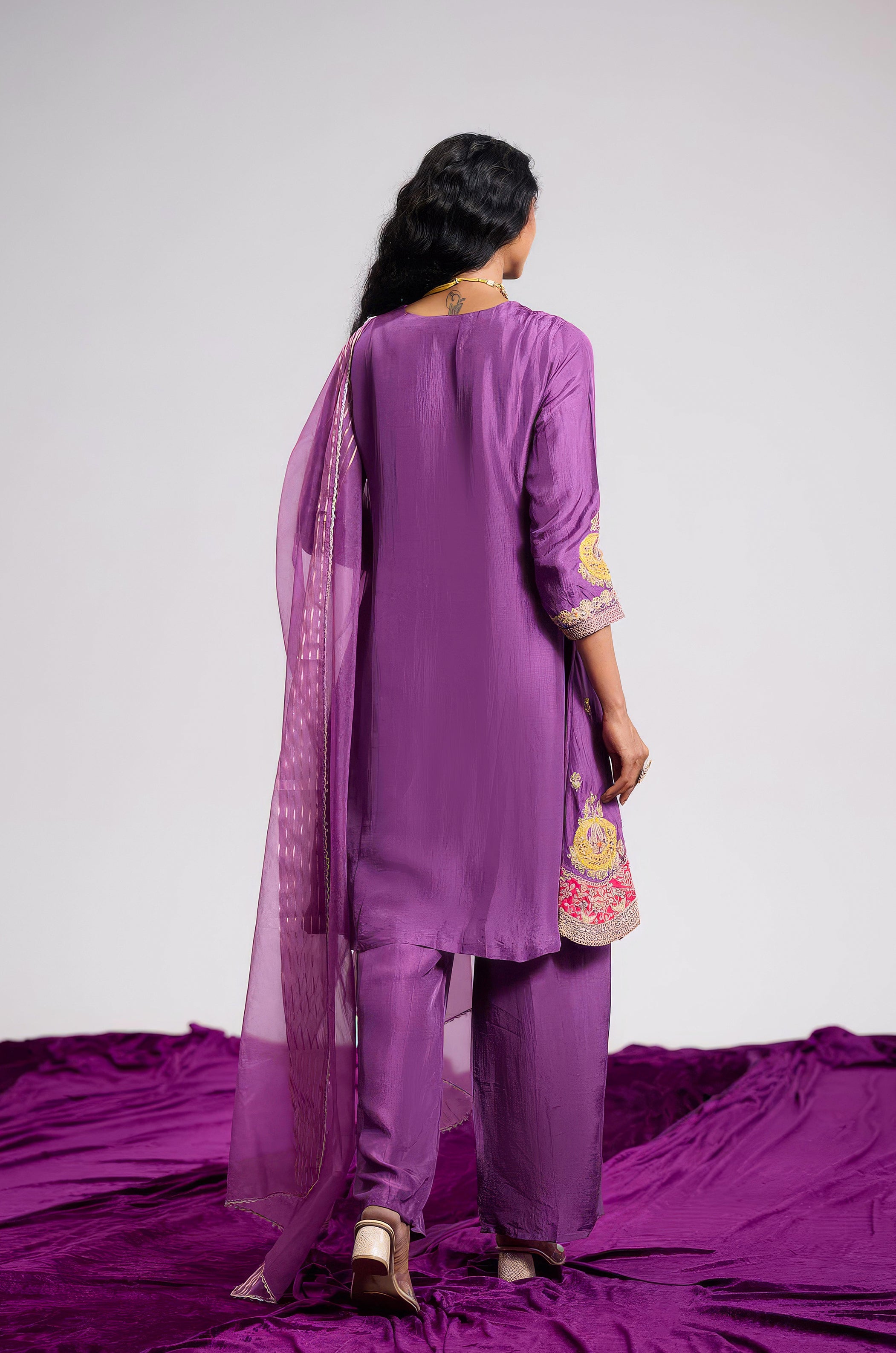 Orchid Purple Embellished Chinon Silk Pant Set