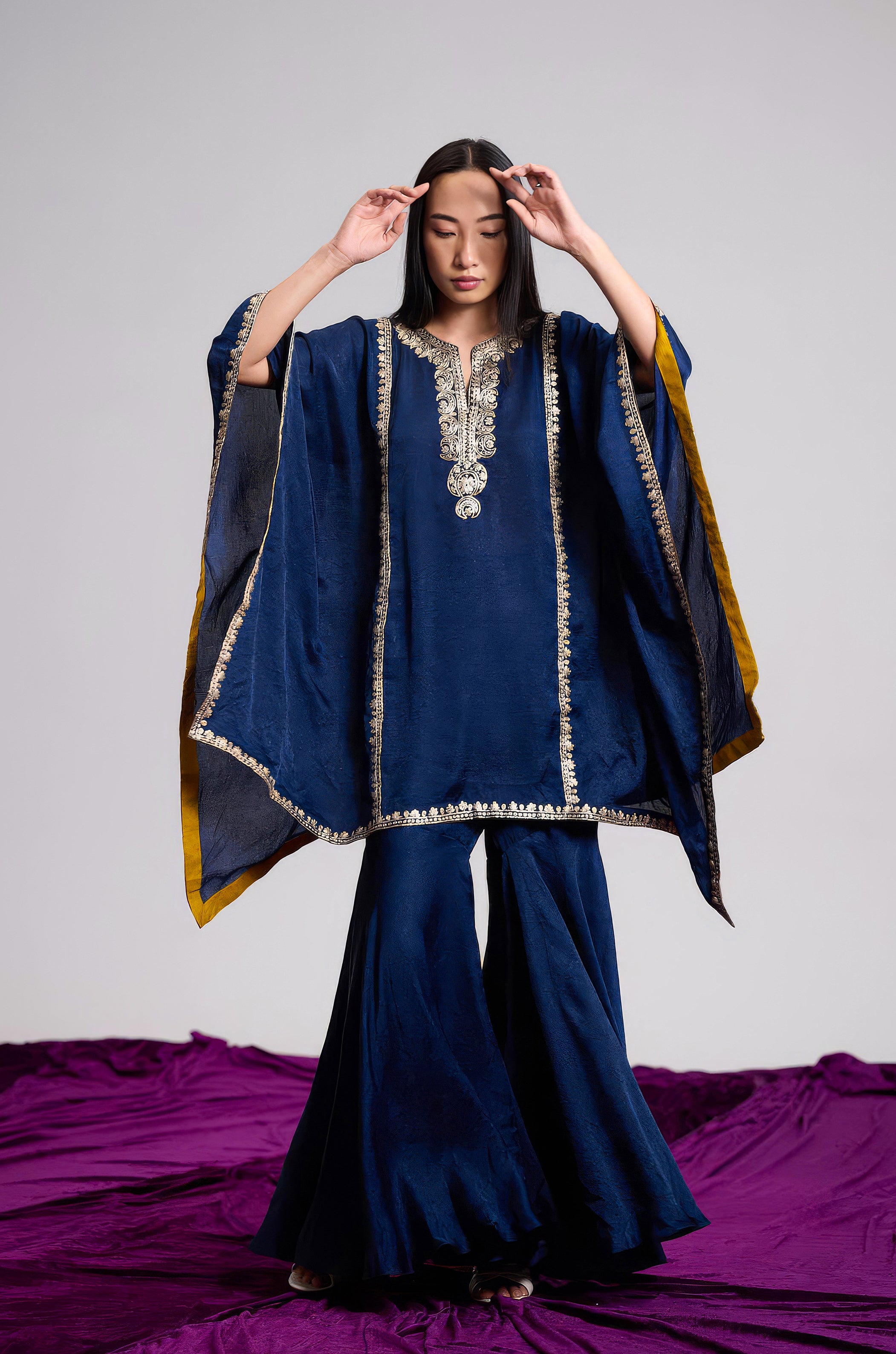 Navy Blue Embellished Premium Silk Kaftan Set