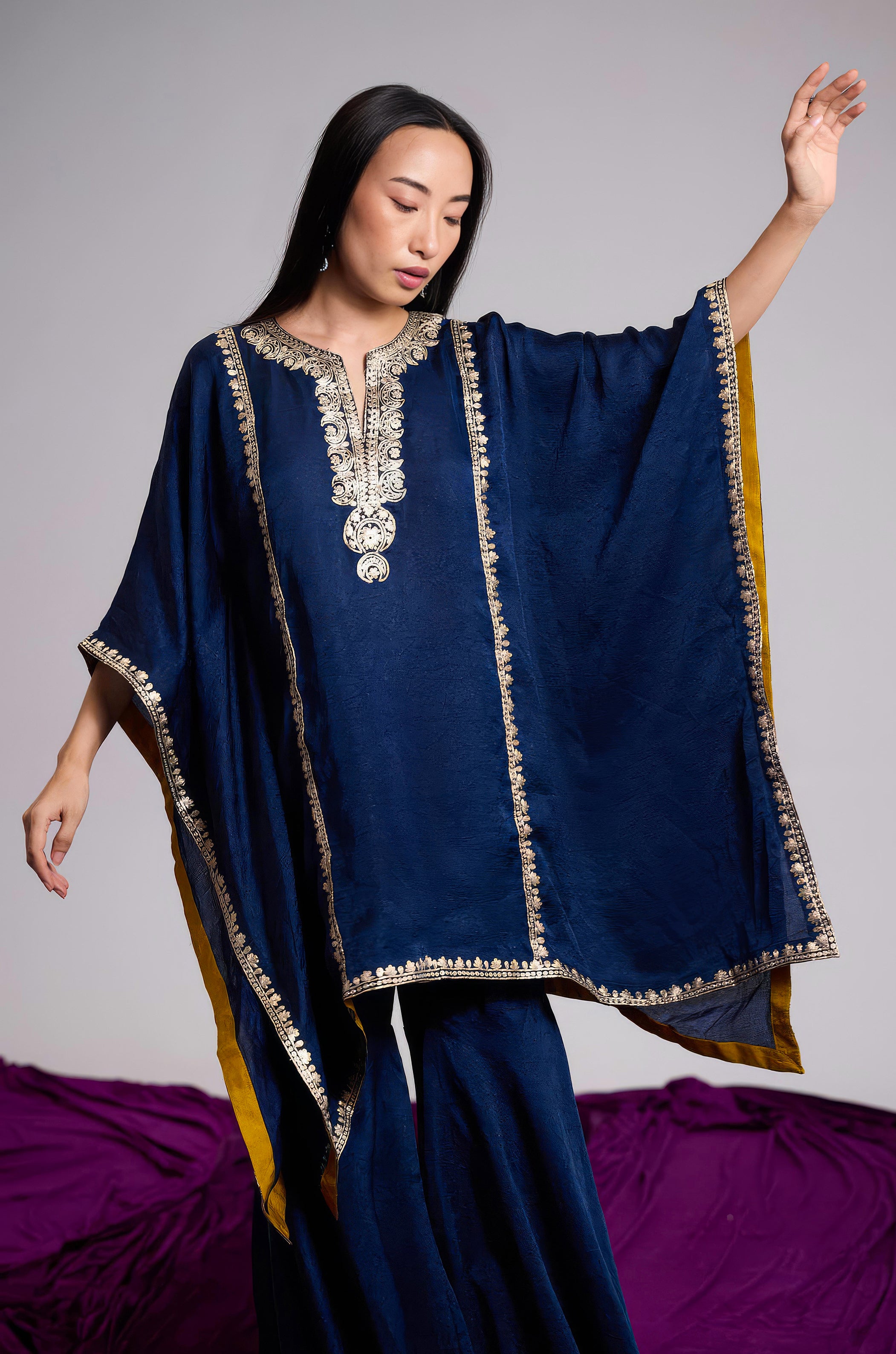 Navy Blue Embellished Premium Silk Kaftan Set